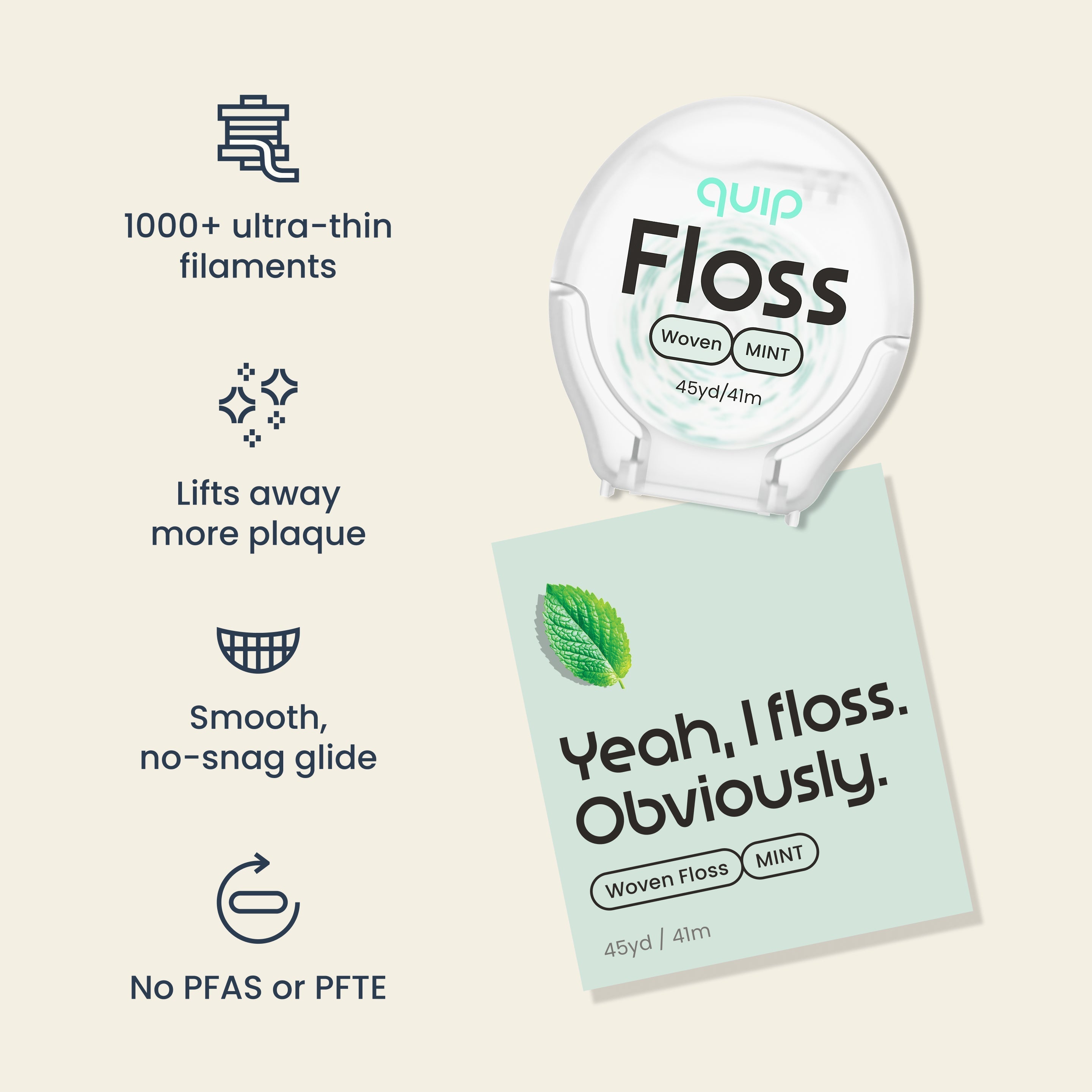 Quip Woven Floss Mint flavor floss container shown with a mint card and several feature callouts on a light beige background. Text includes '1000+ ultra-thin filaments,' 'Lifts away more plaque,' 'Smooth, no-snag glide,' and 'No PFAS or PFTE.