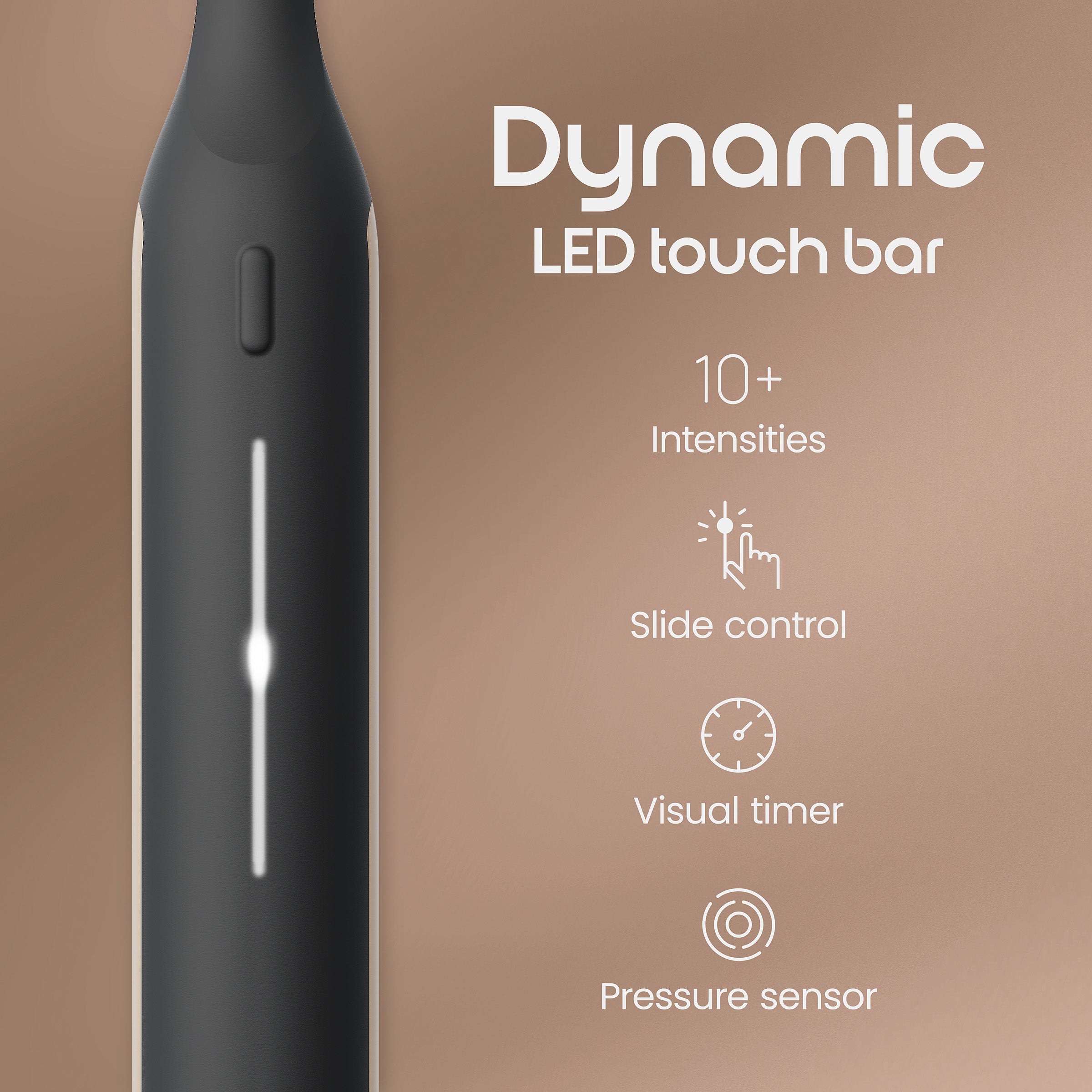 Black electronic device with a dynamic LED touch bar on a brown background