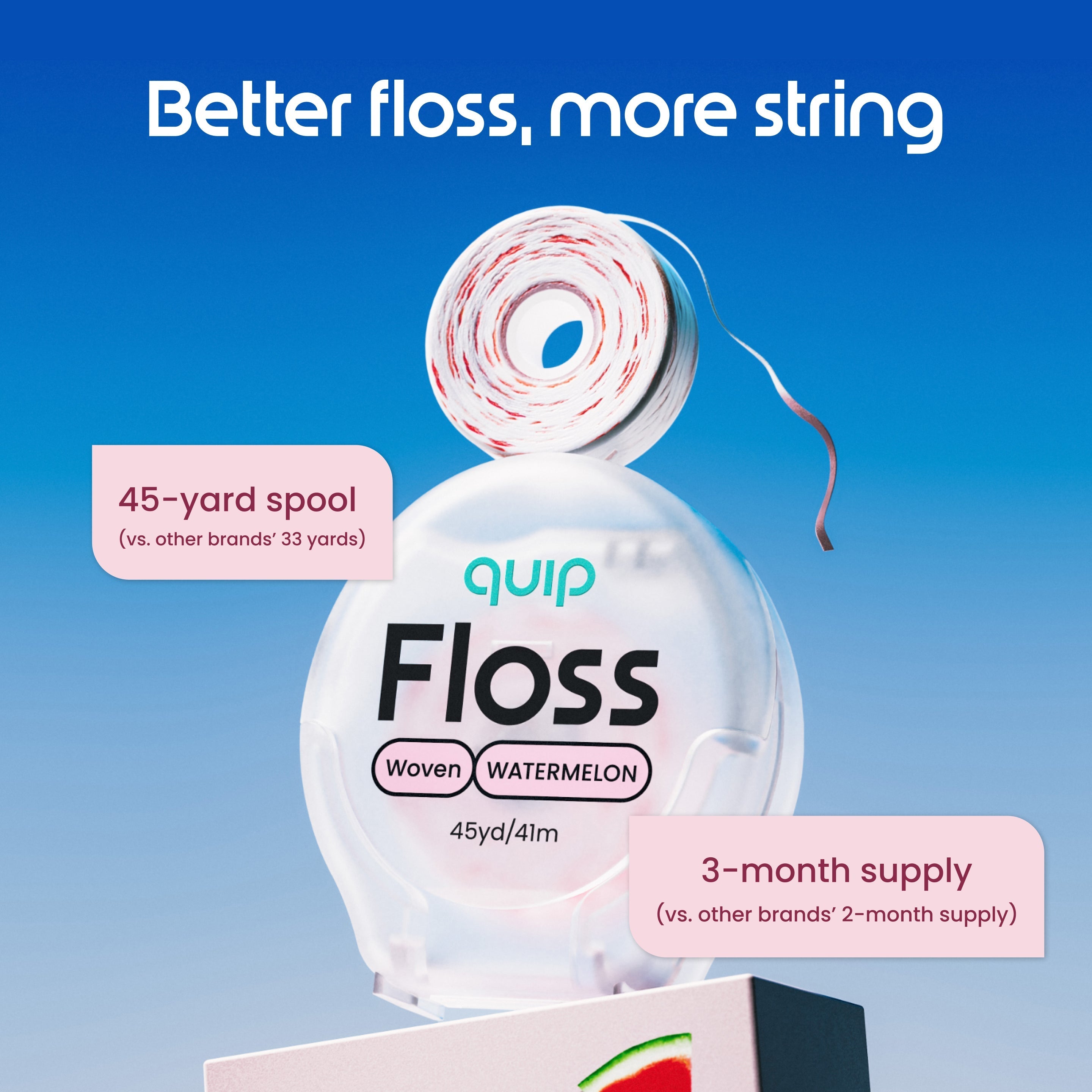 Quip Floss Woven Watermelon dental floss in a clear plastic dispenser with a spool of red-and-white patterned floss above it, shown on a blue gradient background with marketing text callouts.