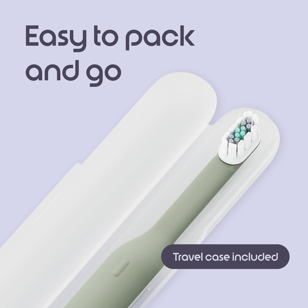 Electric toothbrush with travel case on a light purple background