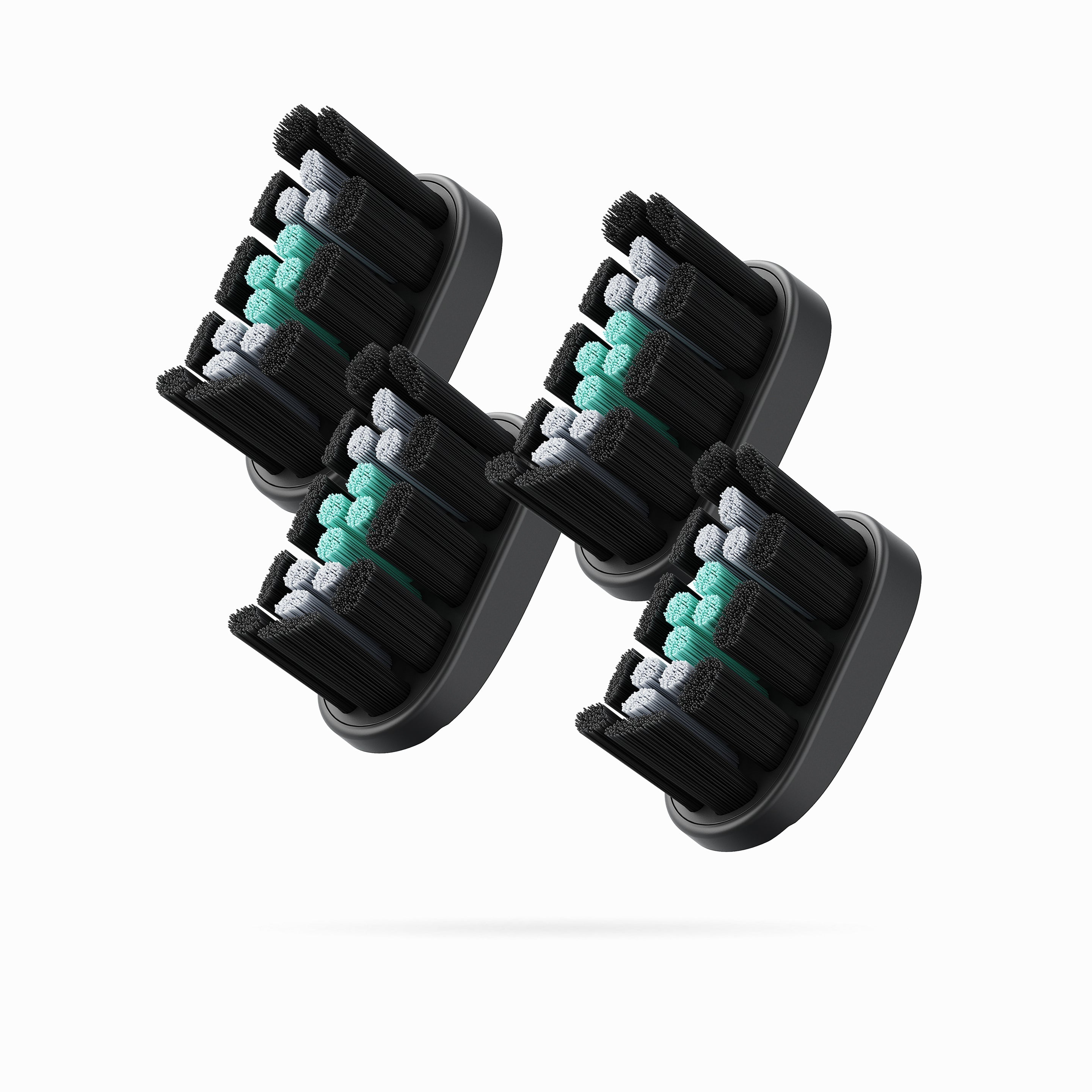 Set of black cleaning brushes with green bristles in a holder on a white background