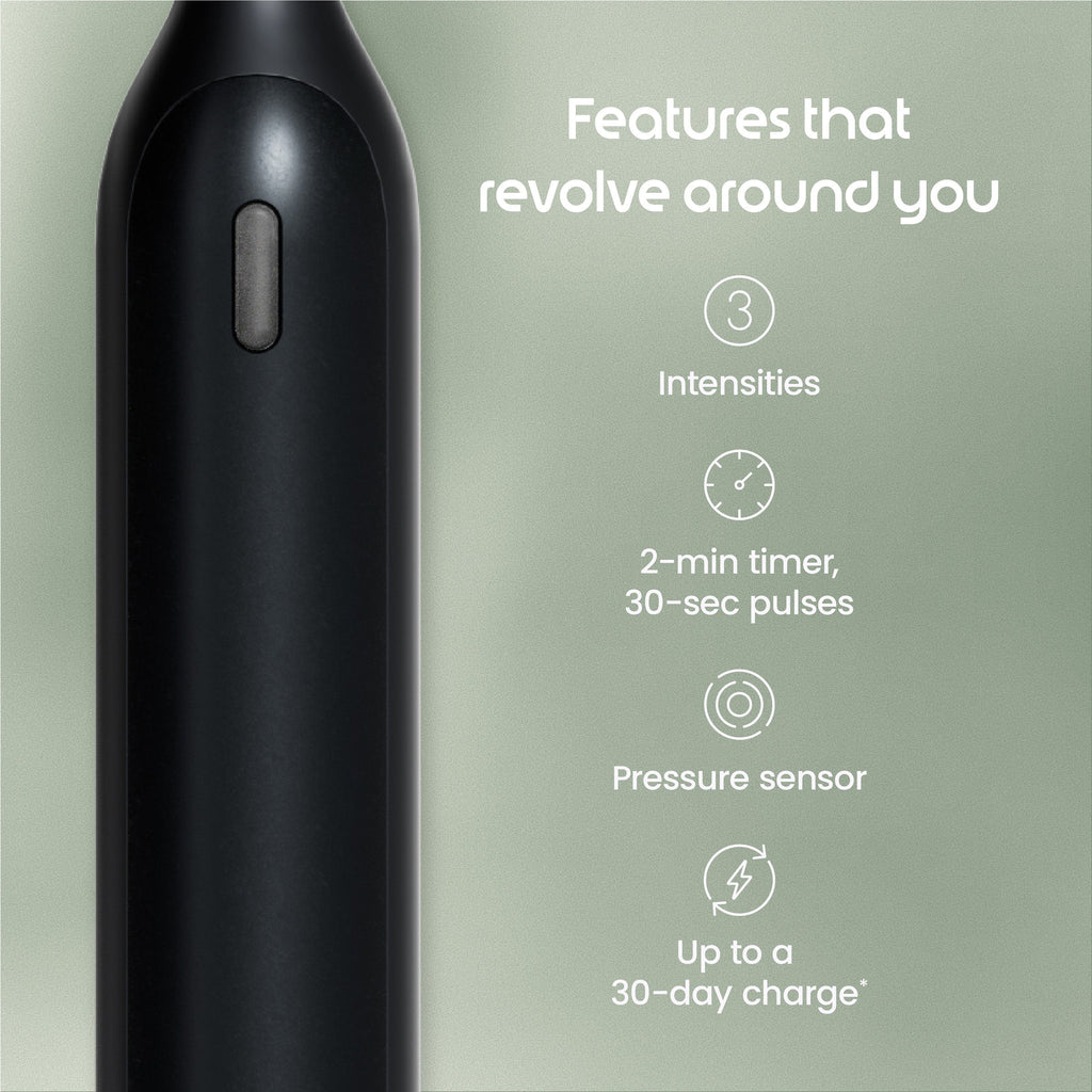 Black electronic device with features listed on a green background