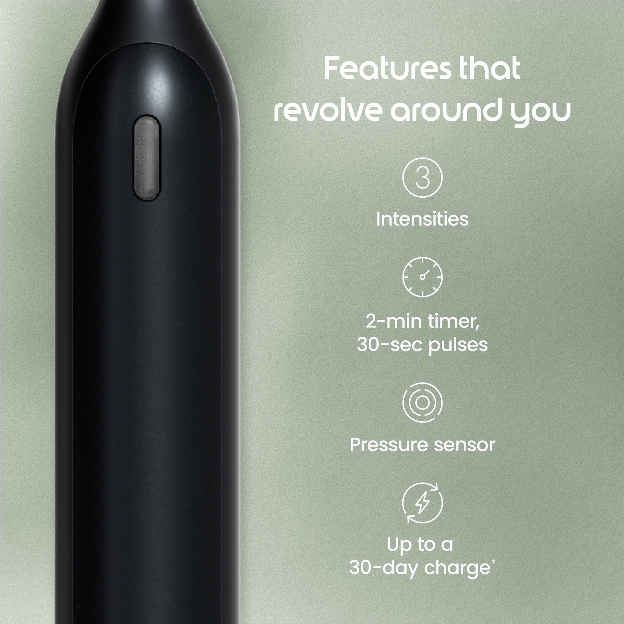 Black electronic device with features listed on a green background