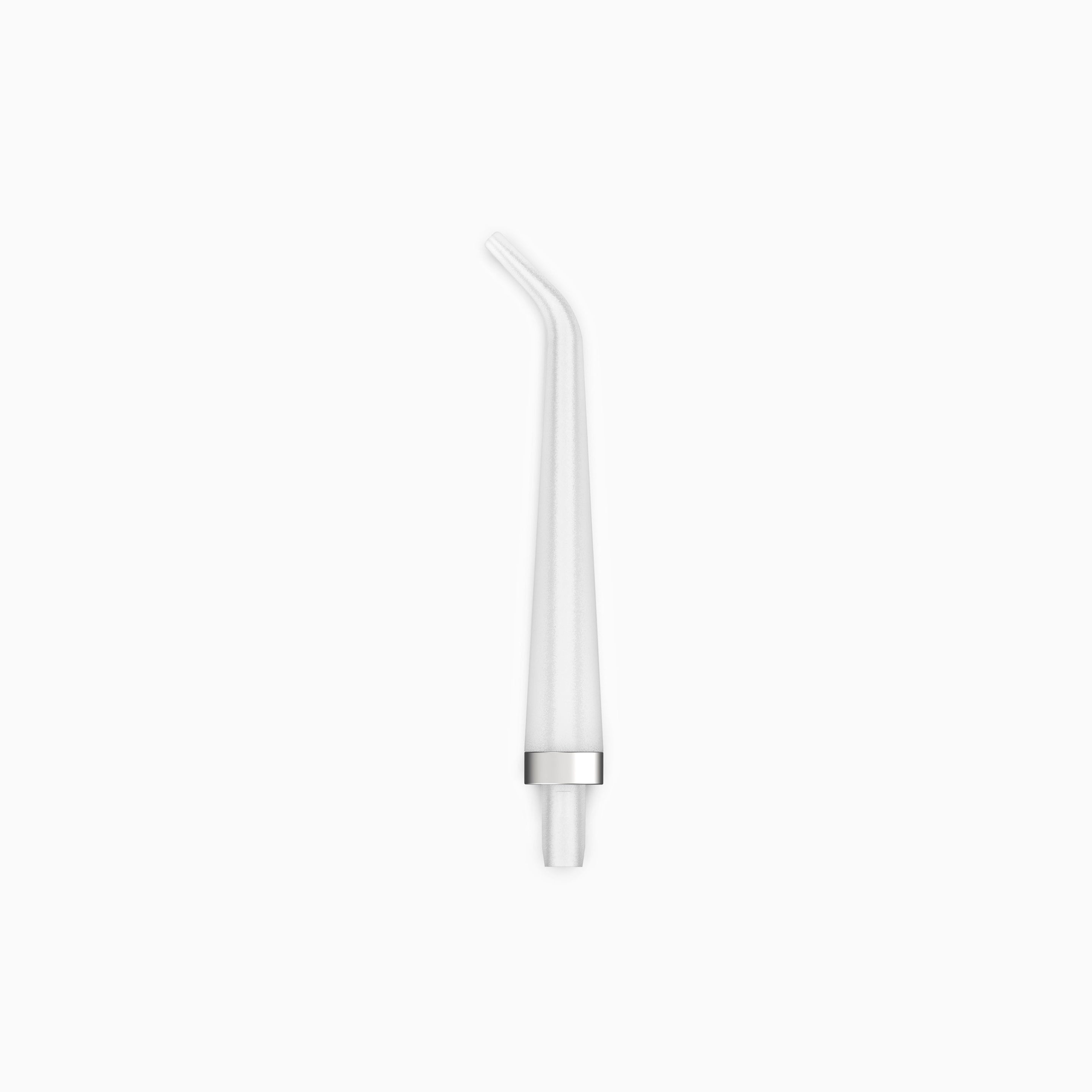 A single white water flosser floss tip with a slight curve at the end.