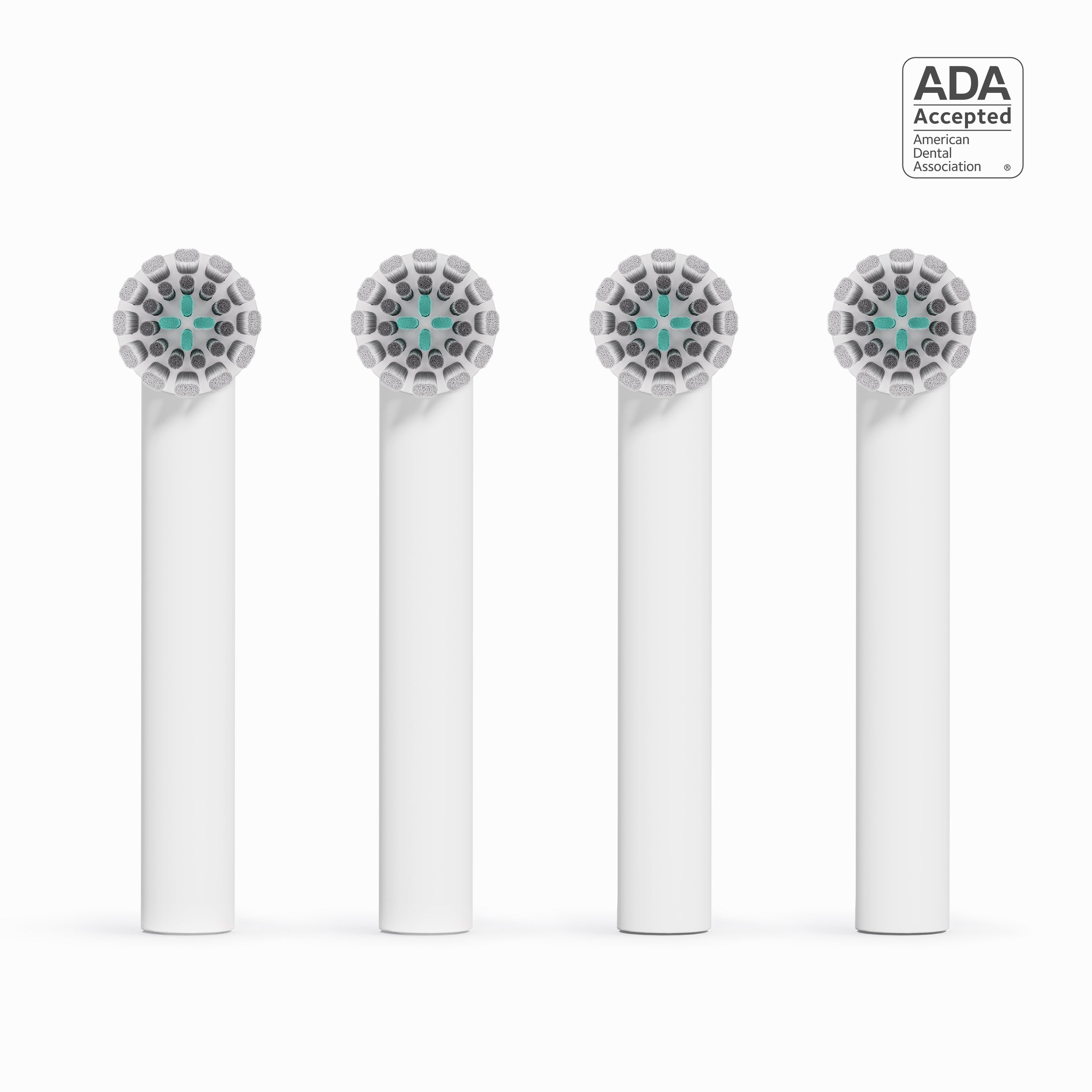 Four dental brush heads with ADA acceptance logo on a white background