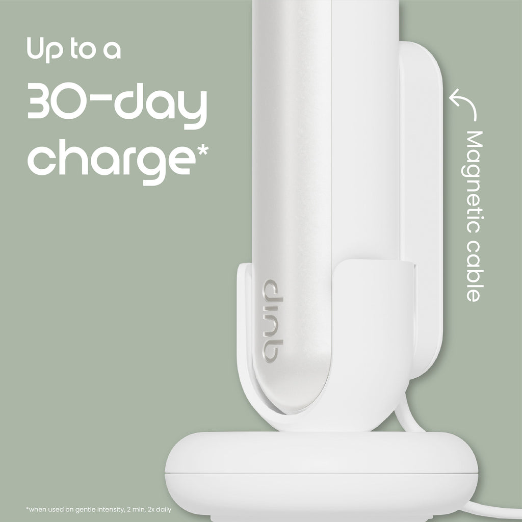 White electronic device with magnetic cable on a light green background, featuring text about battery life.
