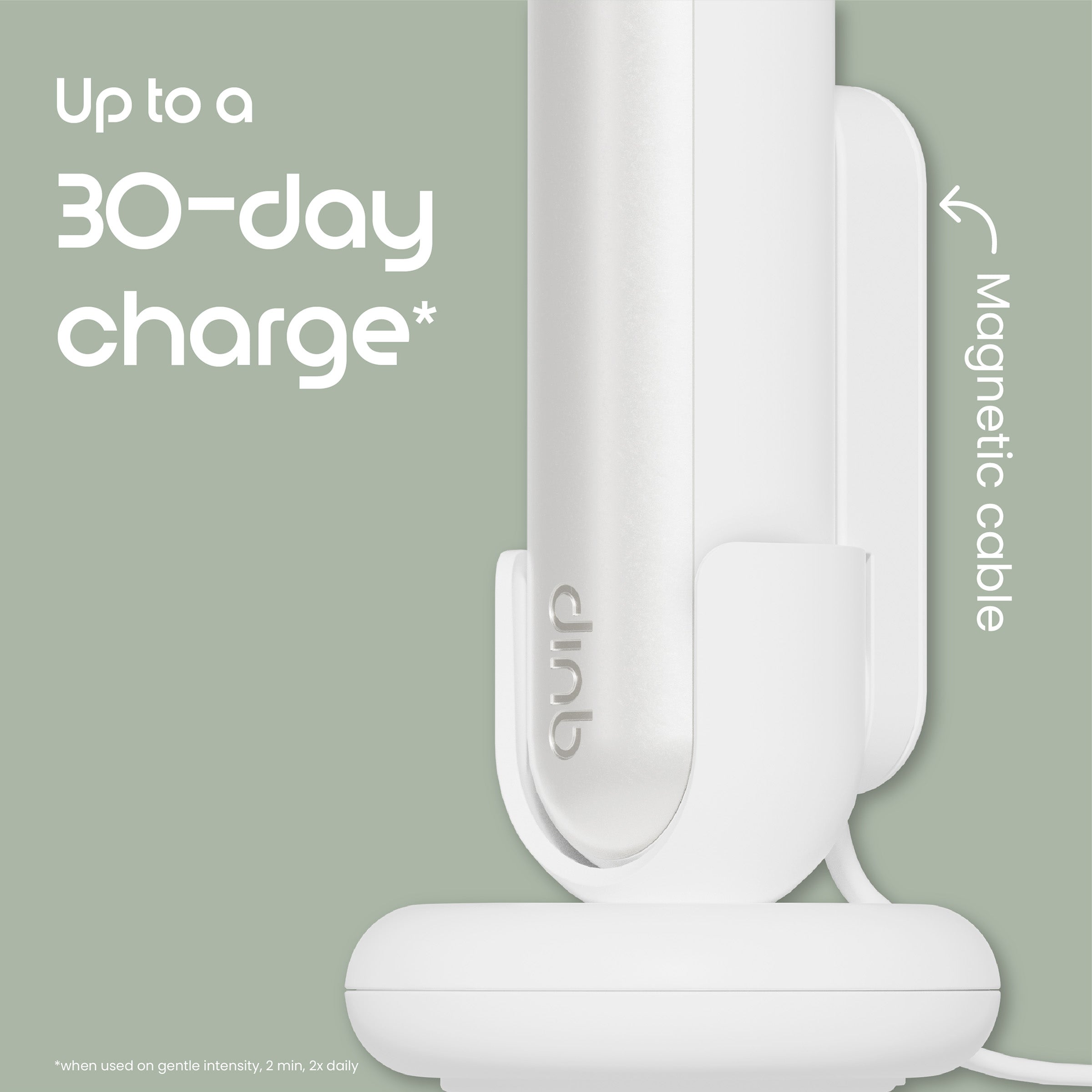 White electronic device with magnetic cable on a light green background, featuring text about battery life.