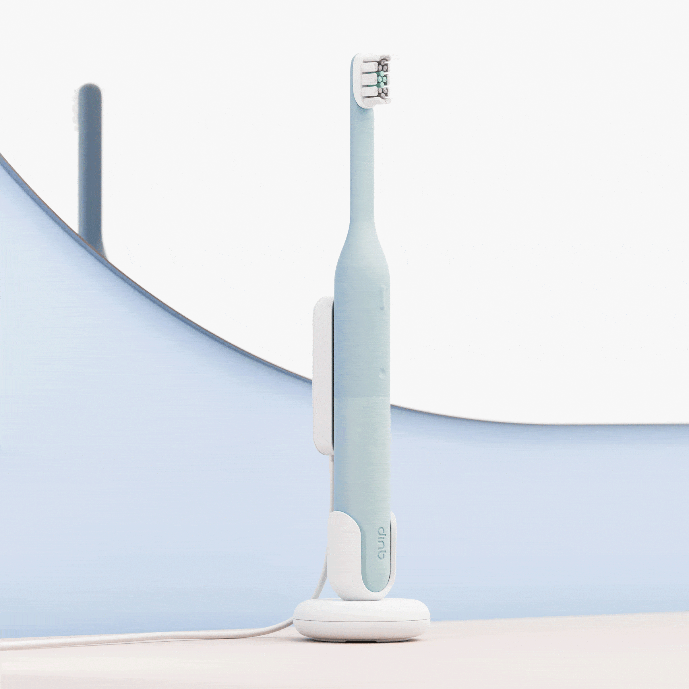 A minimalist light-blue electric toothbrush standing upright on a white charging base, set against a soft blue and white curved background.