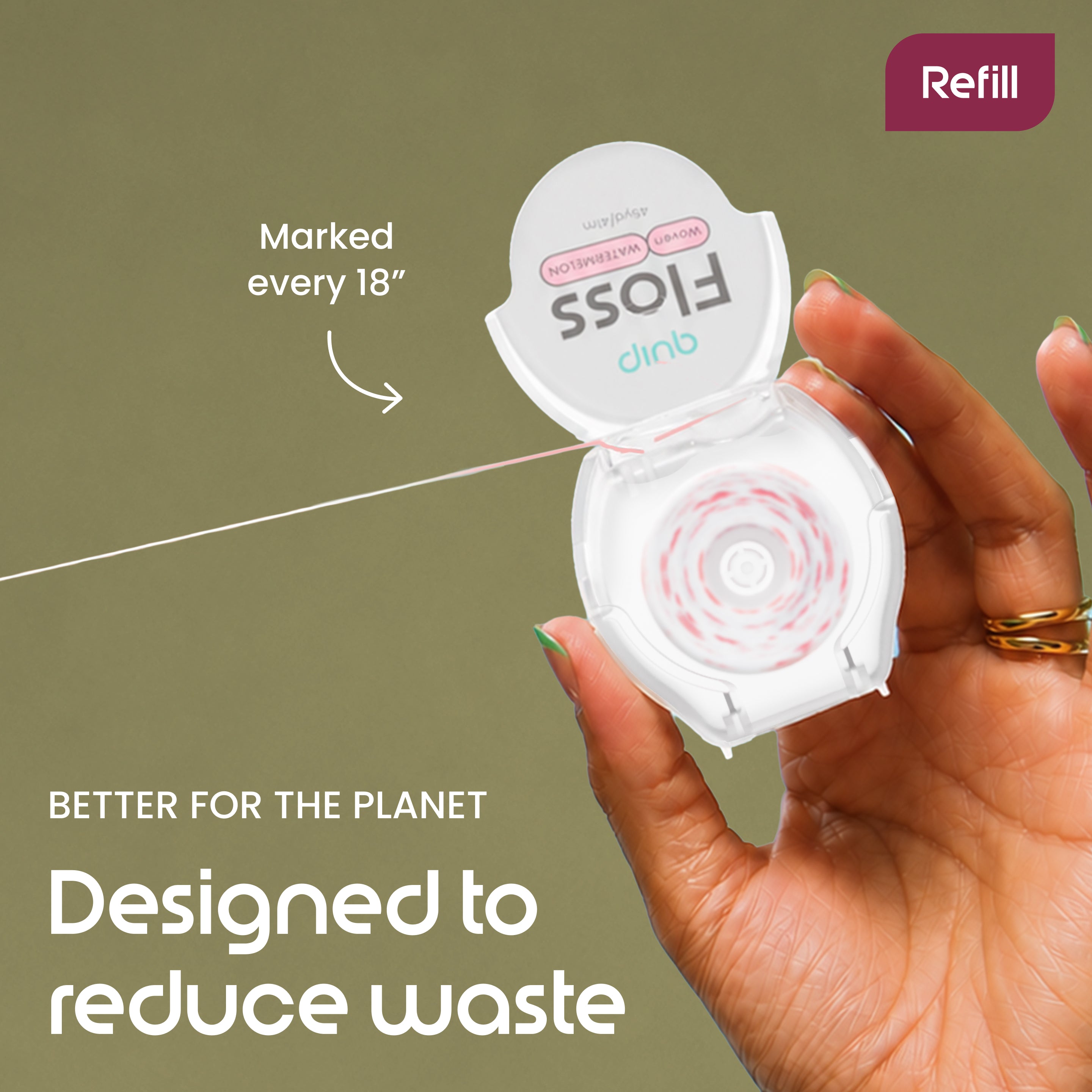 A hand holds a white Flossdini dental floss refill container with the lid open, showing the floss spool inside. The background is a solid muted olive green, with promotional text reading 'Refill' and 'Designed to reduce waste'.