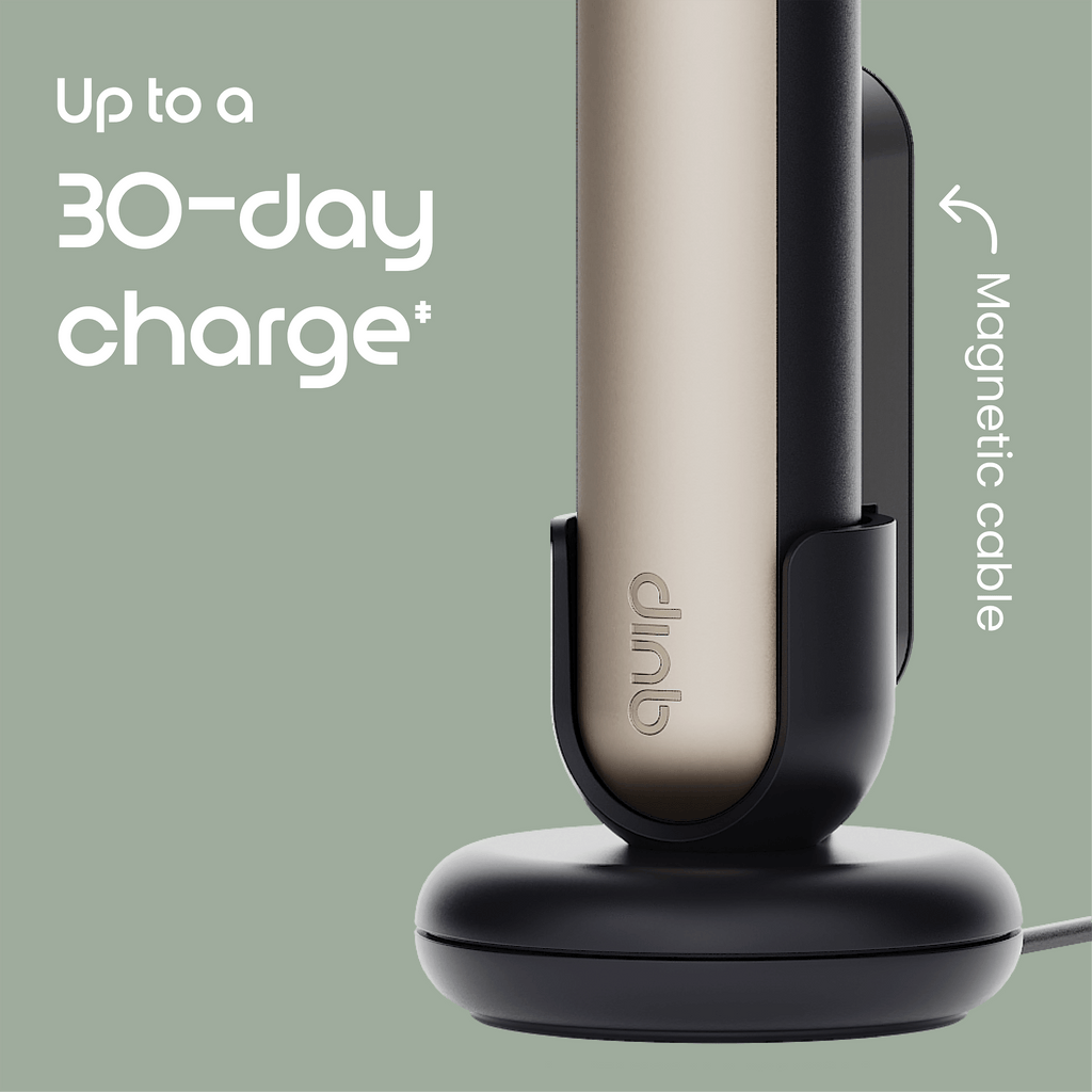 Charging device with magnetic cable on a light green background, displaying 'Up to a 30-day charge' text.
