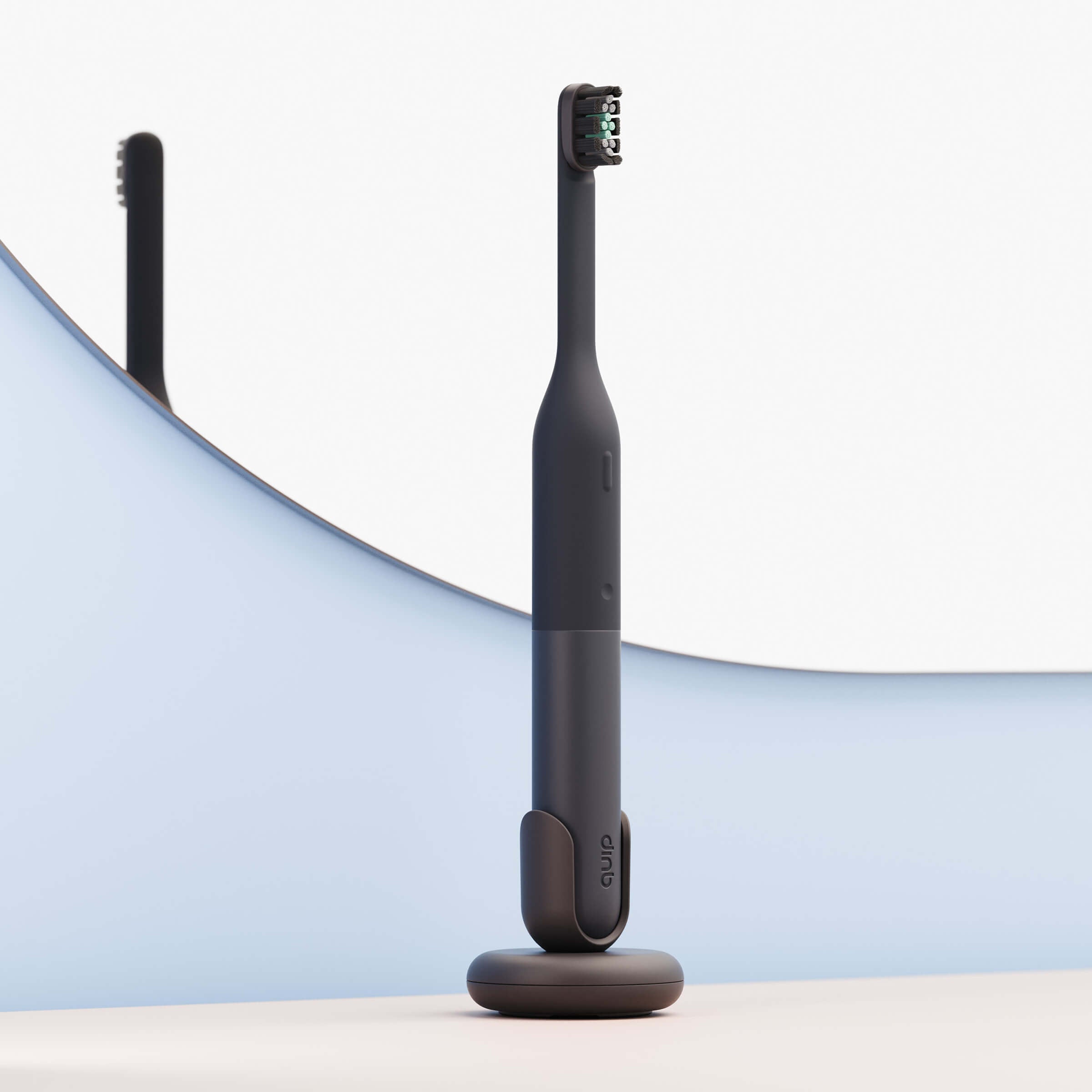 Black electric toothbrush on a Black stand with a blurred background