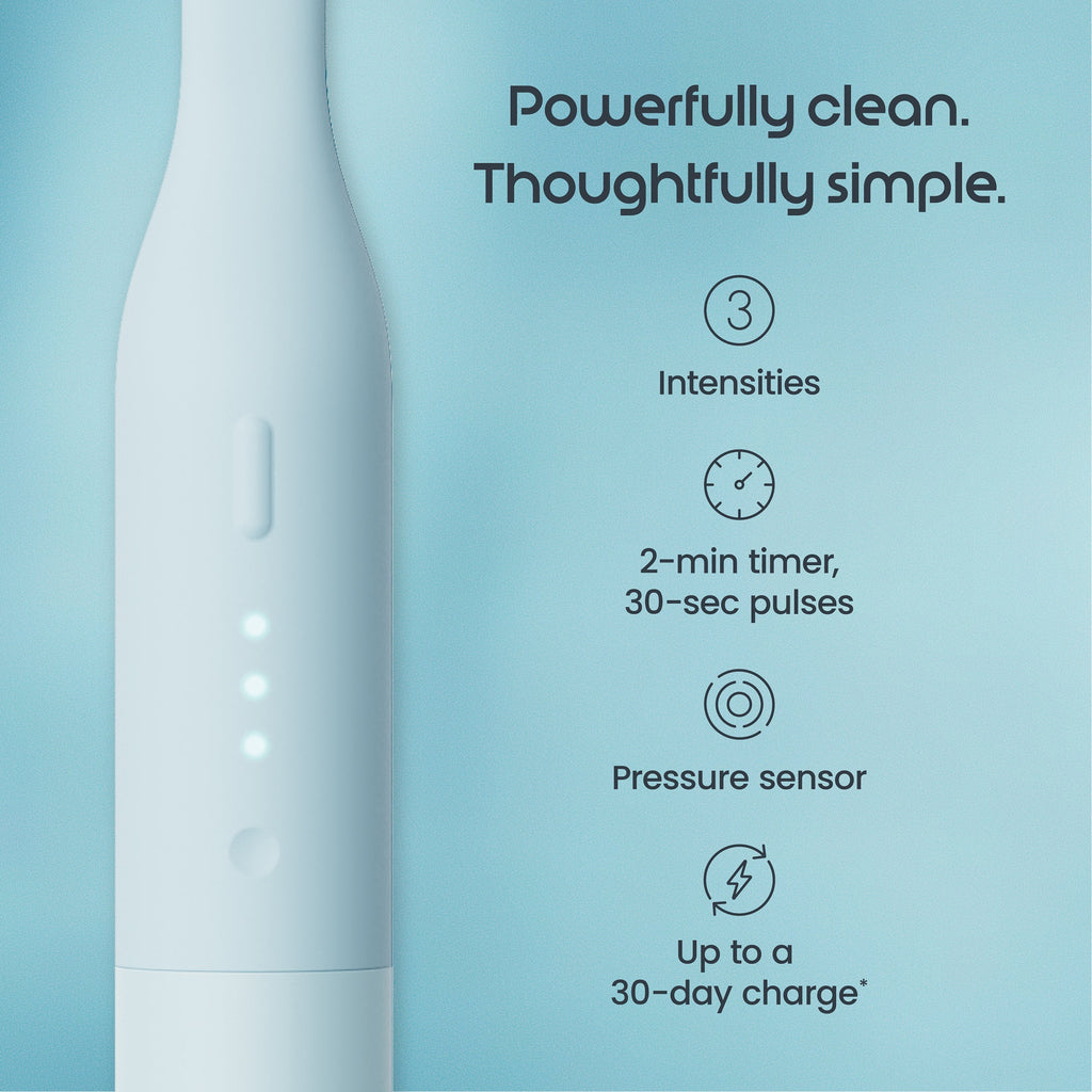 Product with text highlighting features on a light blue background