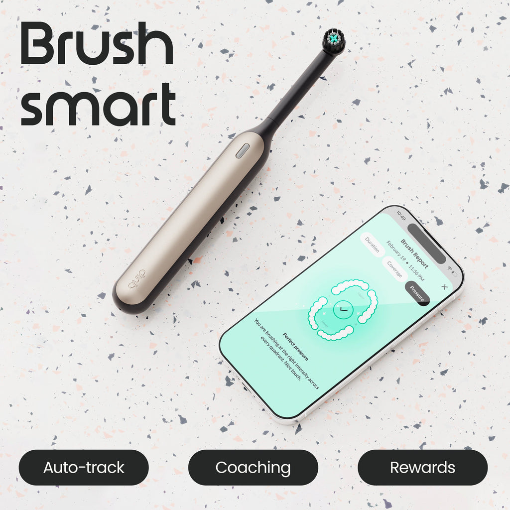 Smart toothbrush and smartphone on a speckled surface with 'Brush smart' text.