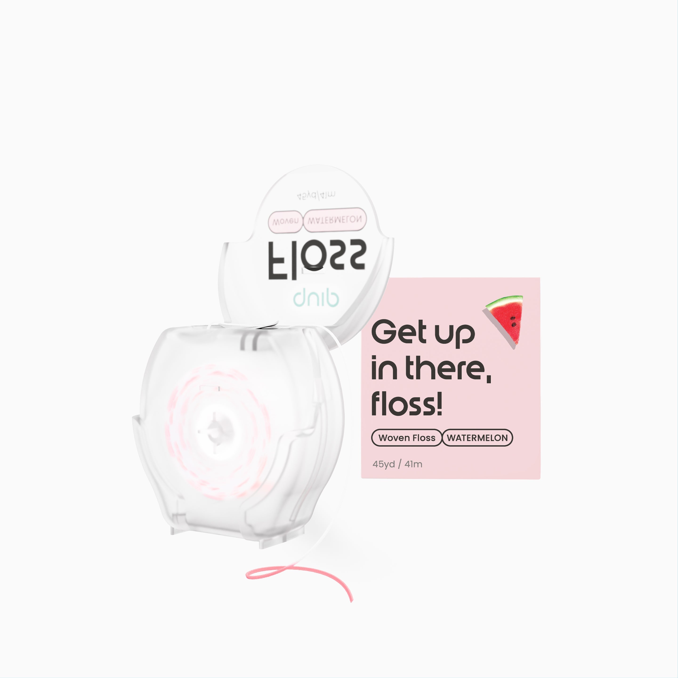 A clear plastic roll of floss with pink contents and a white cap, shown next to a pink product box labeled 'Get up in there, floss!' and 'Watermelon' on a light gray background.