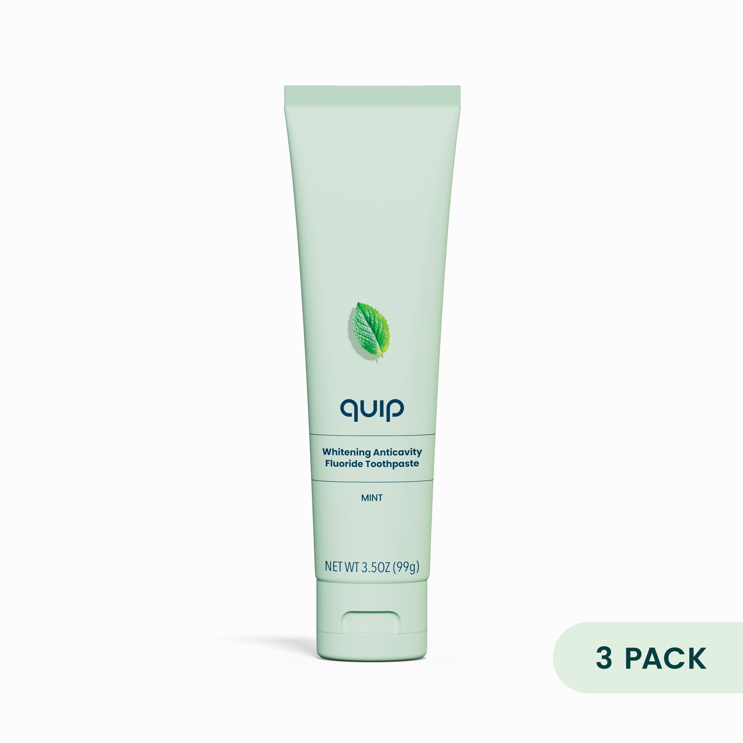 Quip mint toothpaste tube on a white background with '2 Pack' label.