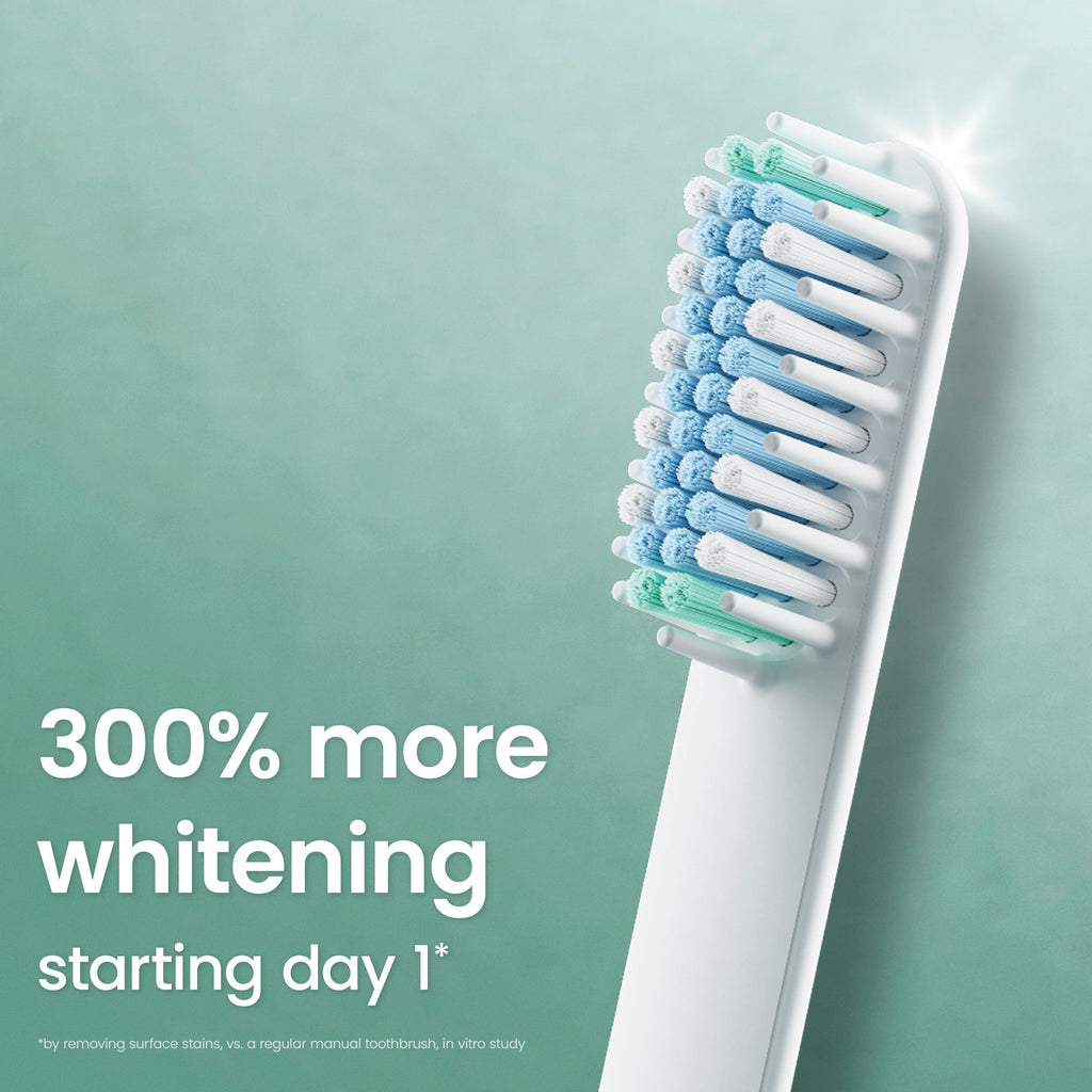 A close-up of a toothbrush with white, light blue, and mint green bristles on a white handle, set against a soft mint green background with promotional text reading '300% more whitening starting day 1'.