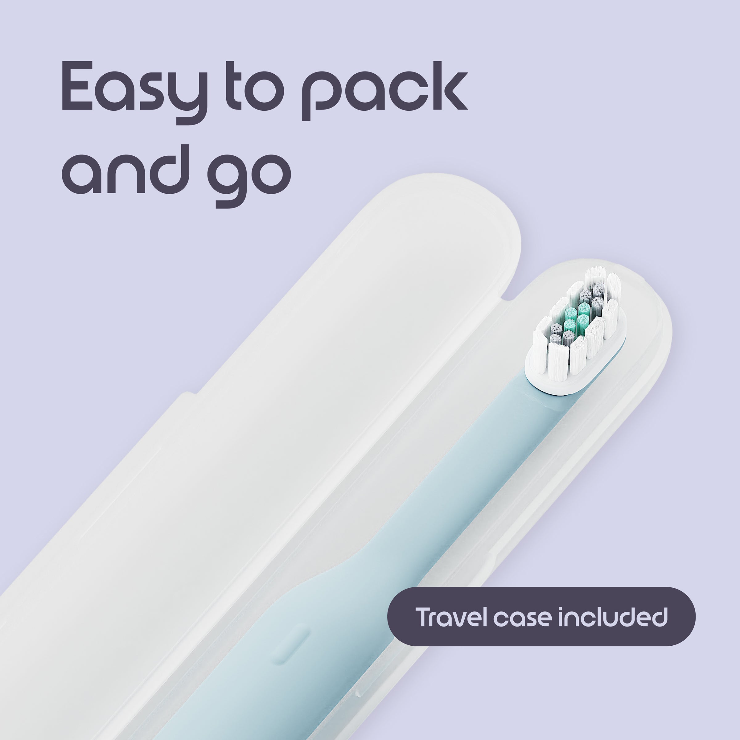 Electric toothbrush with travel case on a light purple background