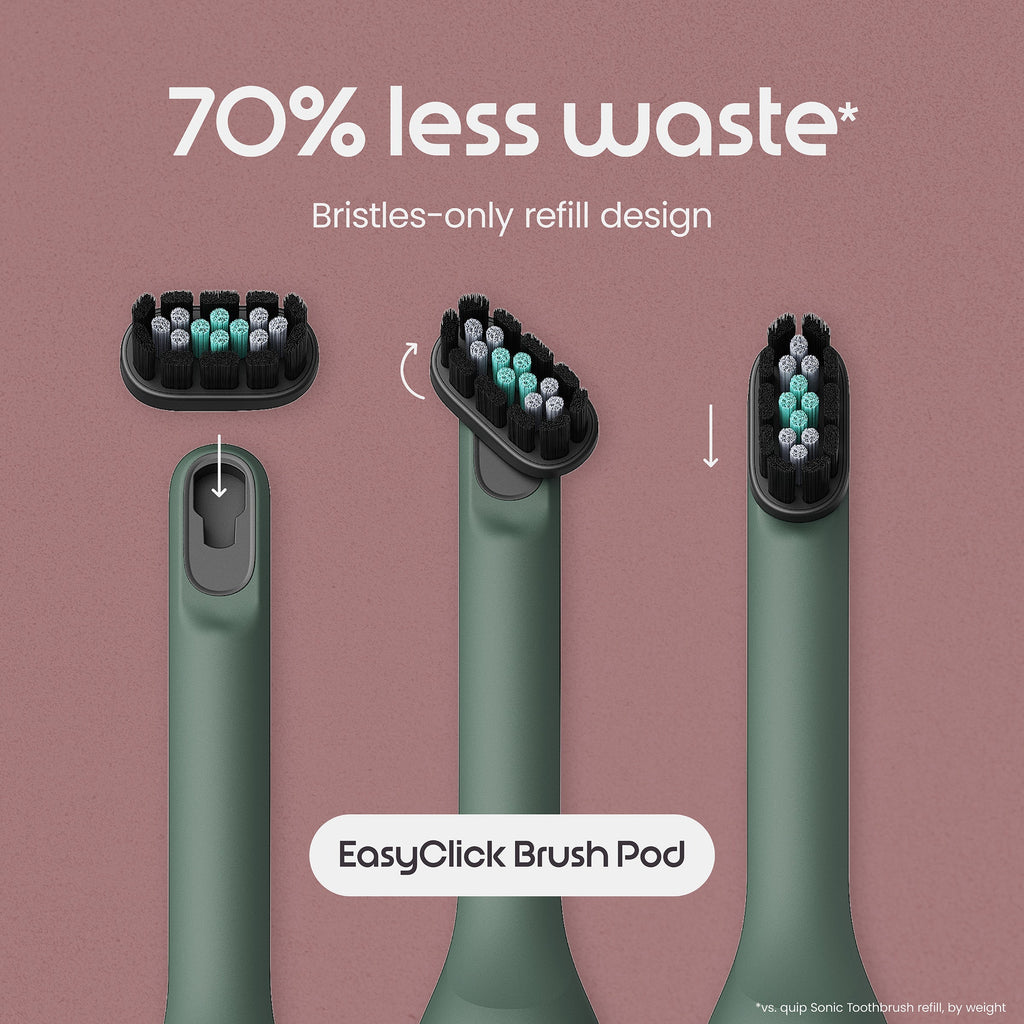 Green electric toothbrush with bristles-only refill design on a brown background