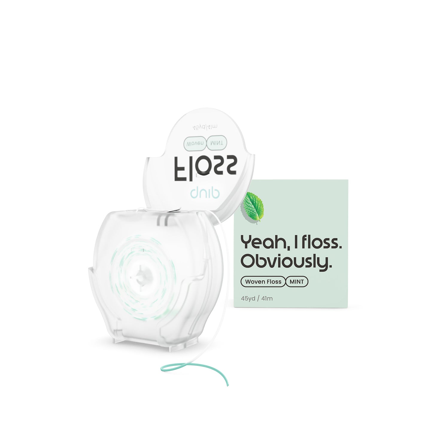 A clear plastic roll of floss with mint green thread, shown next to its light green packaging box and a matching floss roll cap on a white background.