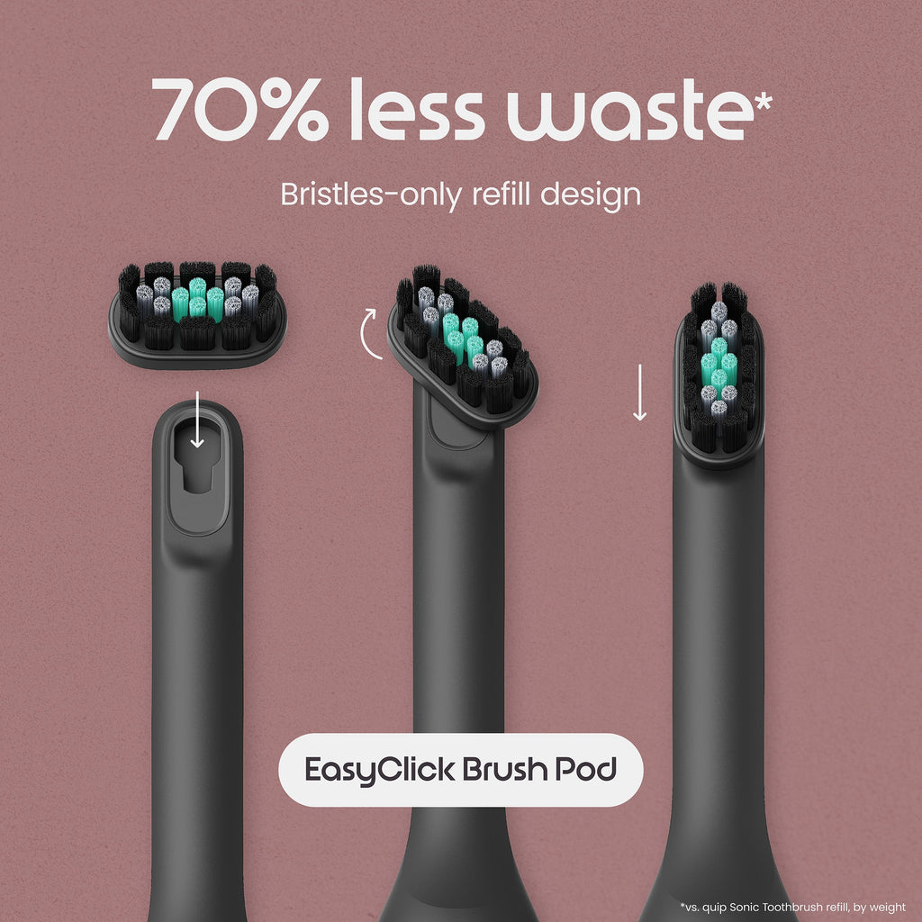 Electric toothbrush with bristles-only refill design on a brown background