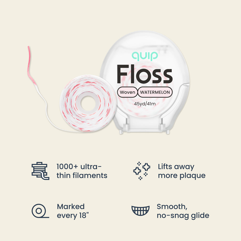 Quip Floss Woven Watermelon dental floss shown in a white roll-up container with a spool of white floss thread featuring pink/red woven accents, on a light beige background with feature icons and text below.