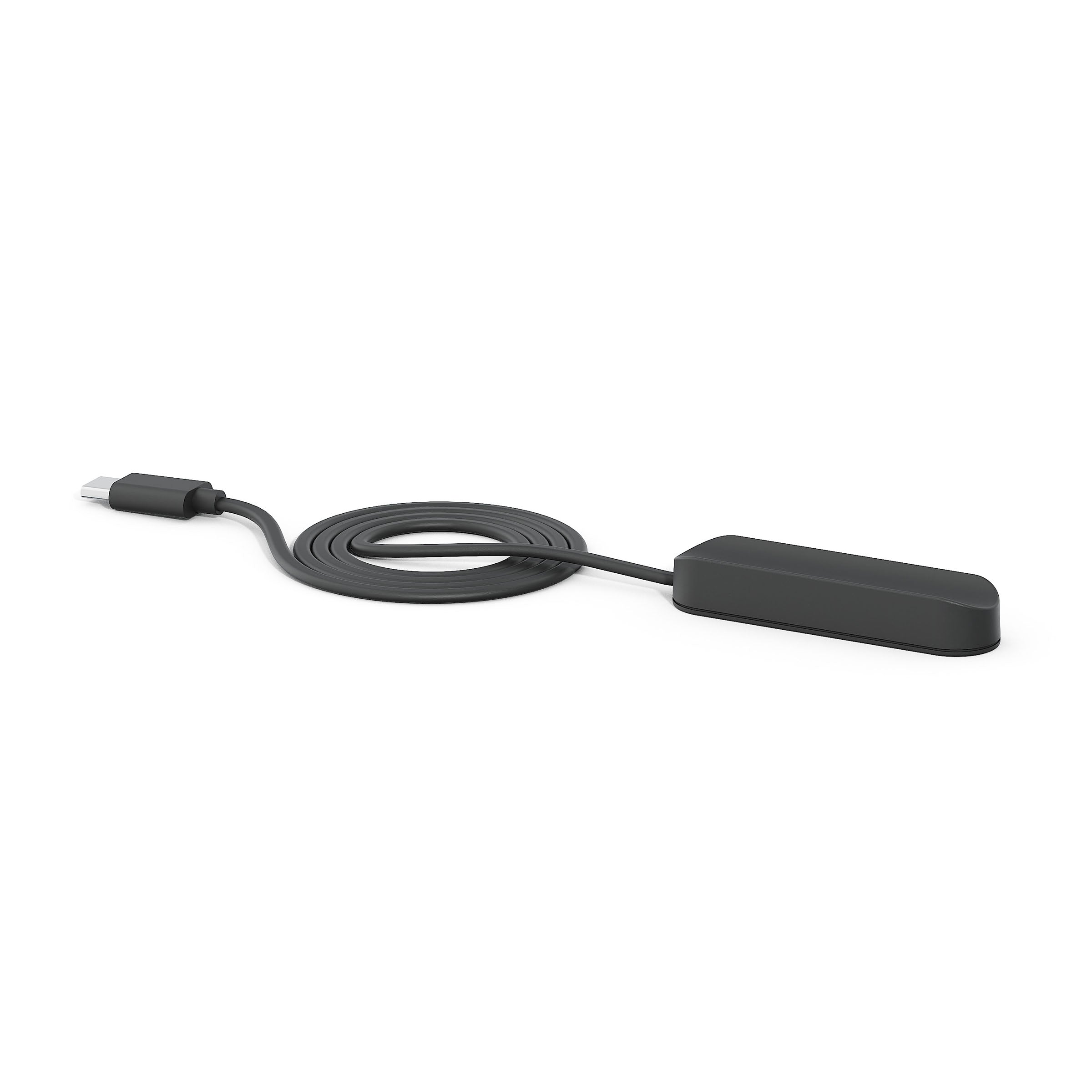 Black USB cable with a rectangular connector on a white background