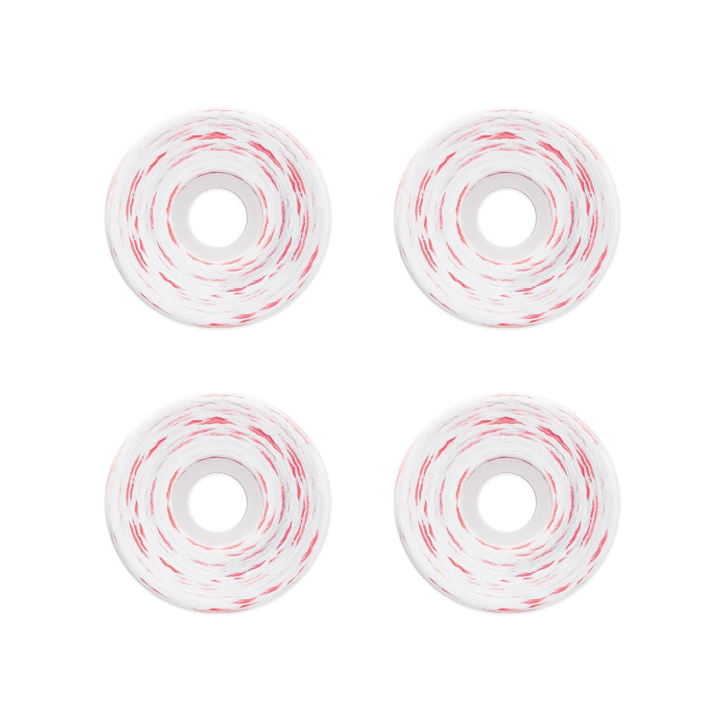 Four white skateboard wheels with red swirl patterns, arranged in a 2x2 grid on a solid white background.