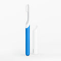 An image showing a sonic toothbrush with a blue handle and white bristles, alongside its white travel cover.