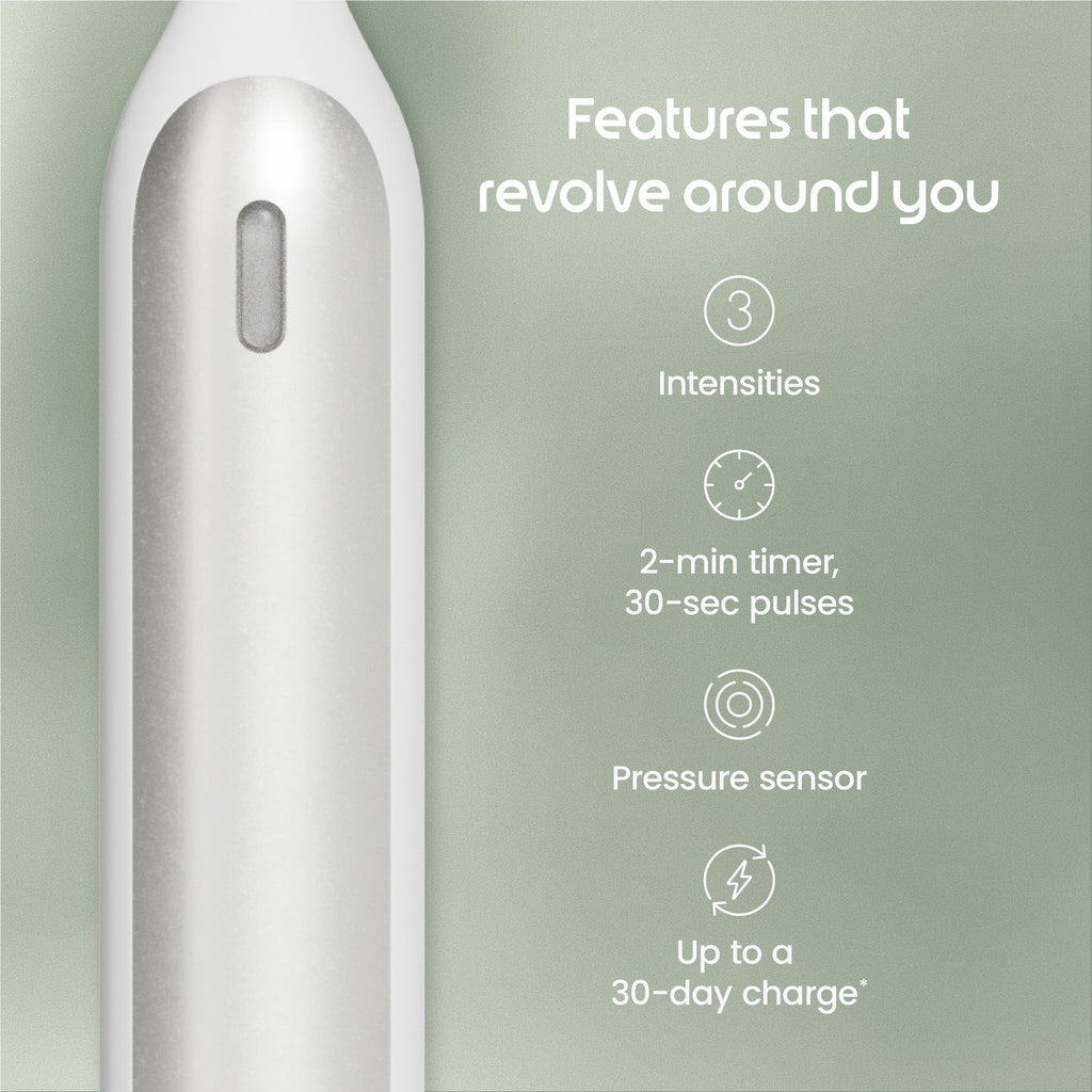White electronic device with features listed on a green background