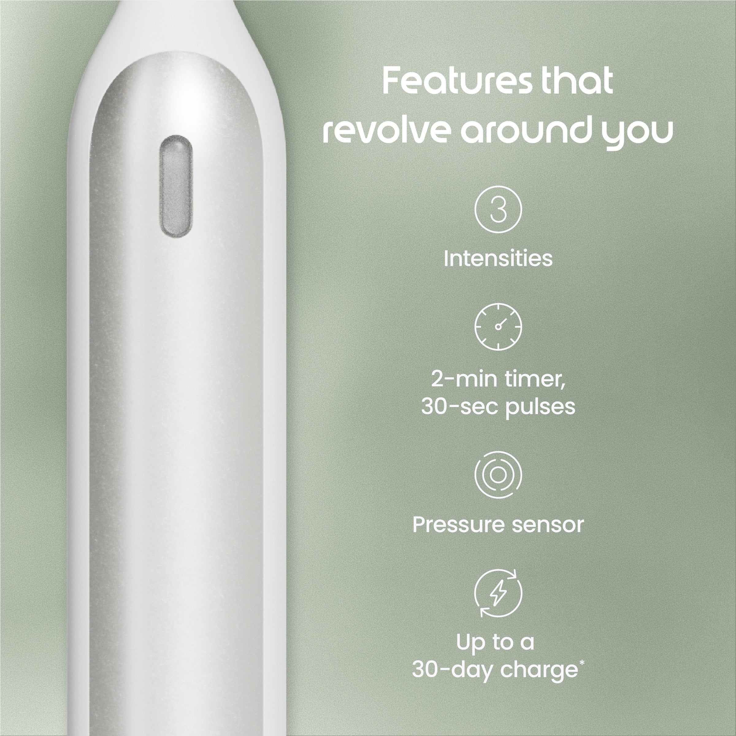 White electronic device with features listed on a green background