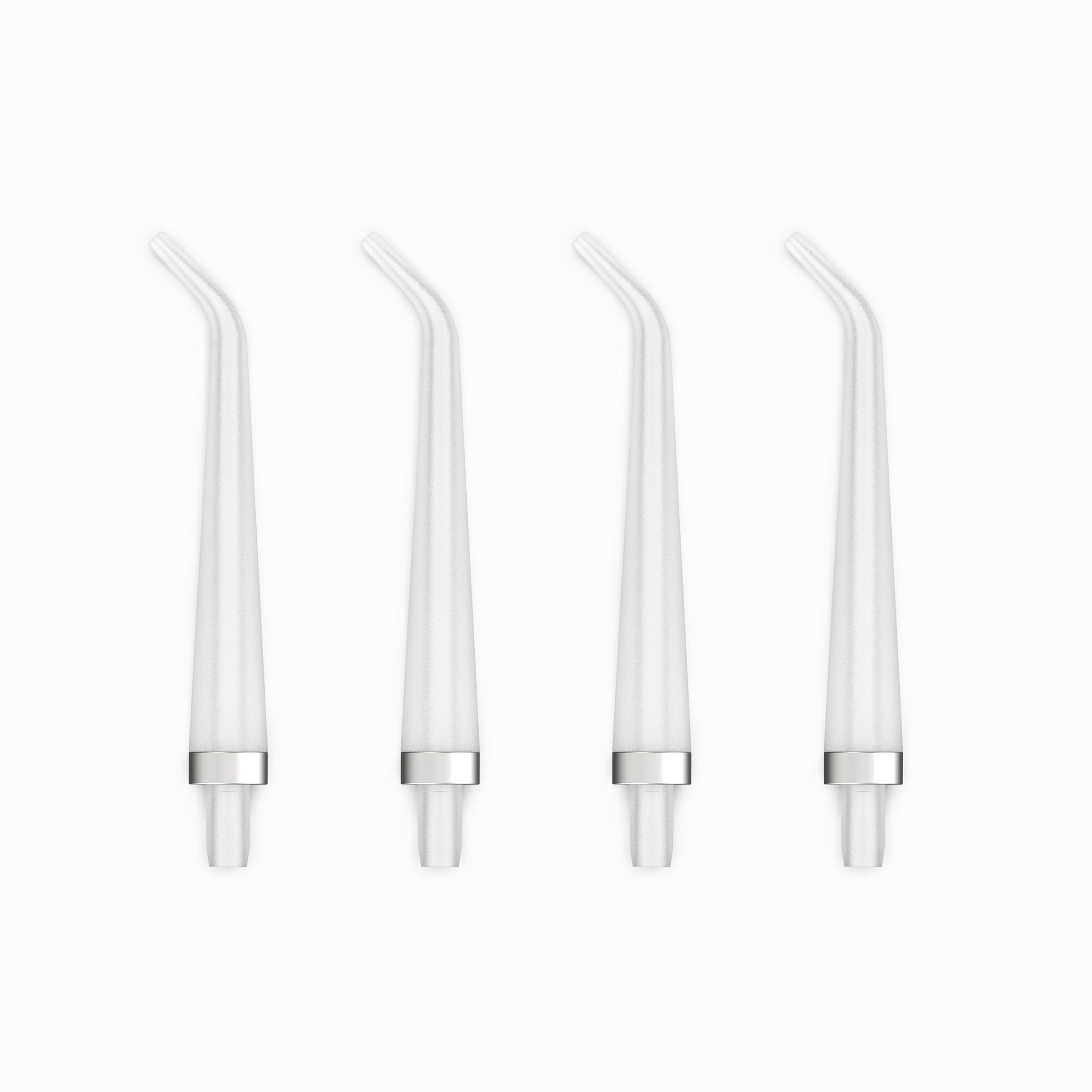 Four white straws with silver bases on a white background