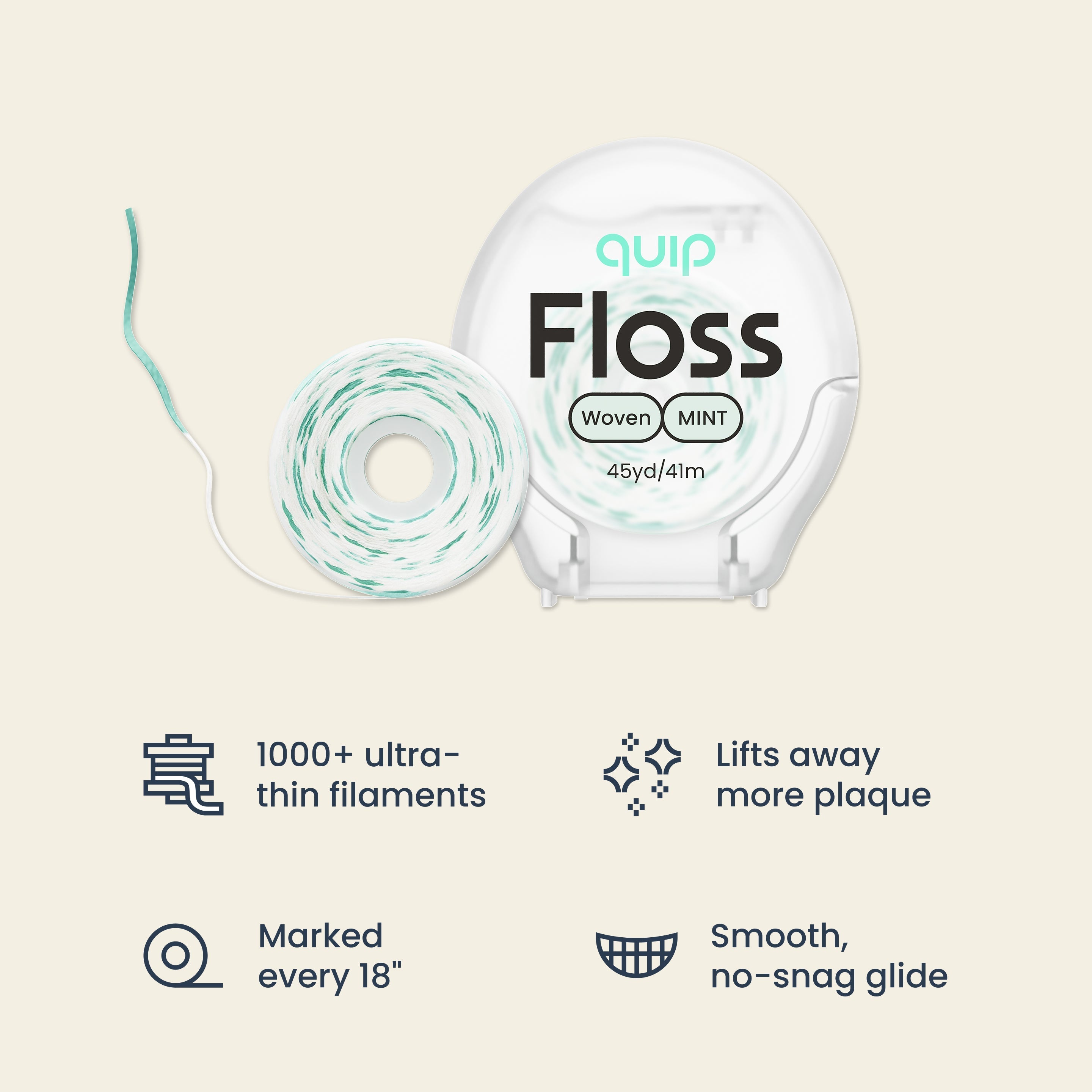 Quip Floss dental floss shown with a white spool and a coiled floss thread on a light beige background, with feature callouts below.