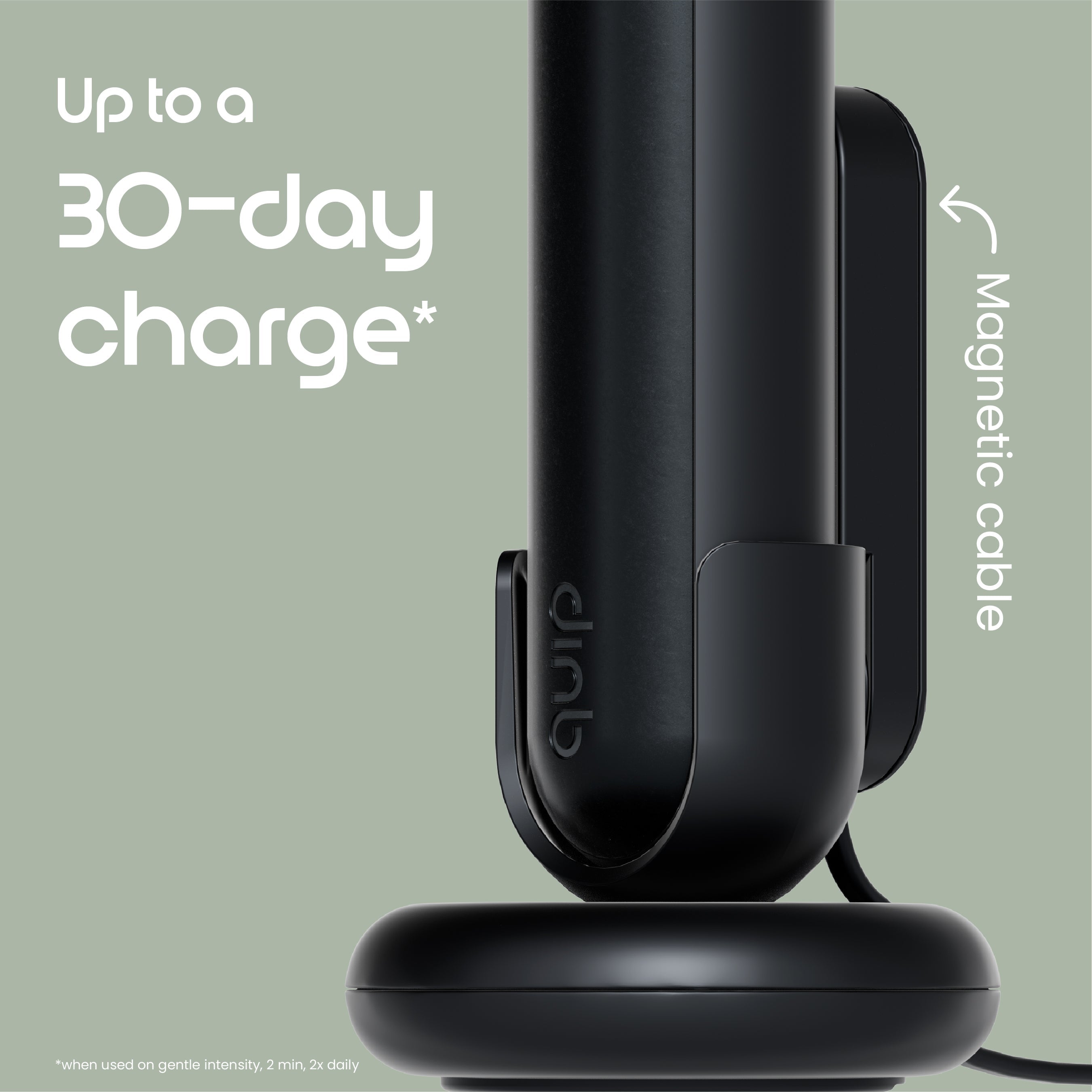 Black electronic device with magnetic cable on a light green background, featuring text about charge duration.