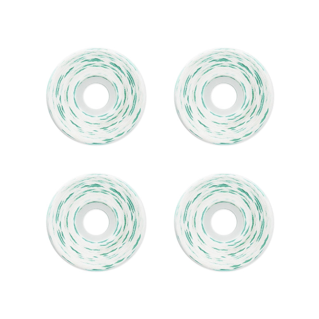 Four skateboard wheels arranged in a 2x2 grid on a solid white background. The wheels are white with a distinctive mint green swirl pattern.