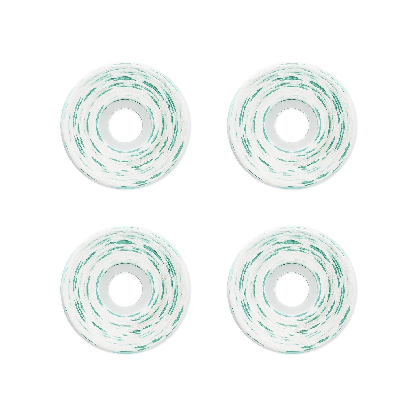 Four skateboard wheels arranged in a 2x2 grid on a solid white background. The wheels are white with a distinctive mint green swirl pattern.