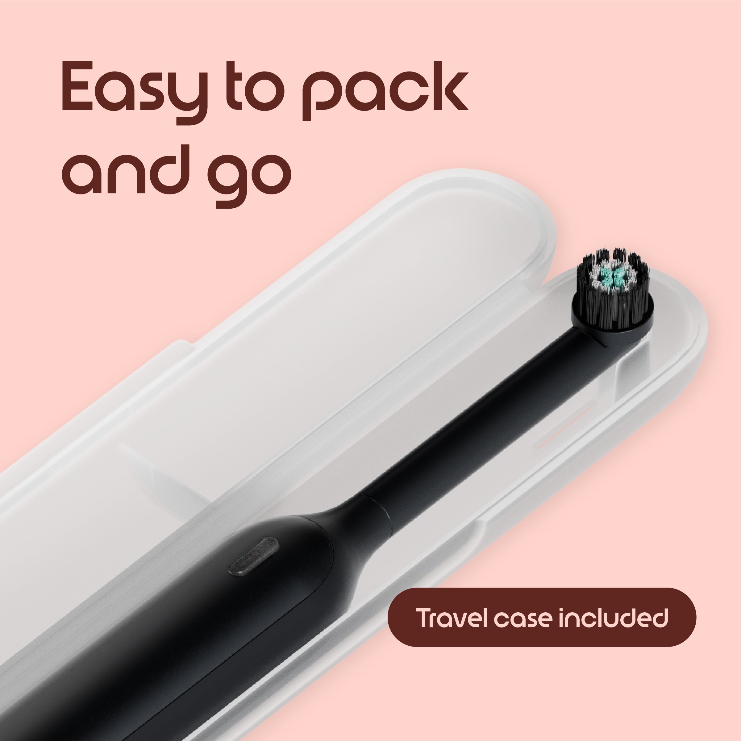 Electric toothbrush with travel case on a pink background, text 'Easy to pack and go' and 'Travel case included'.
