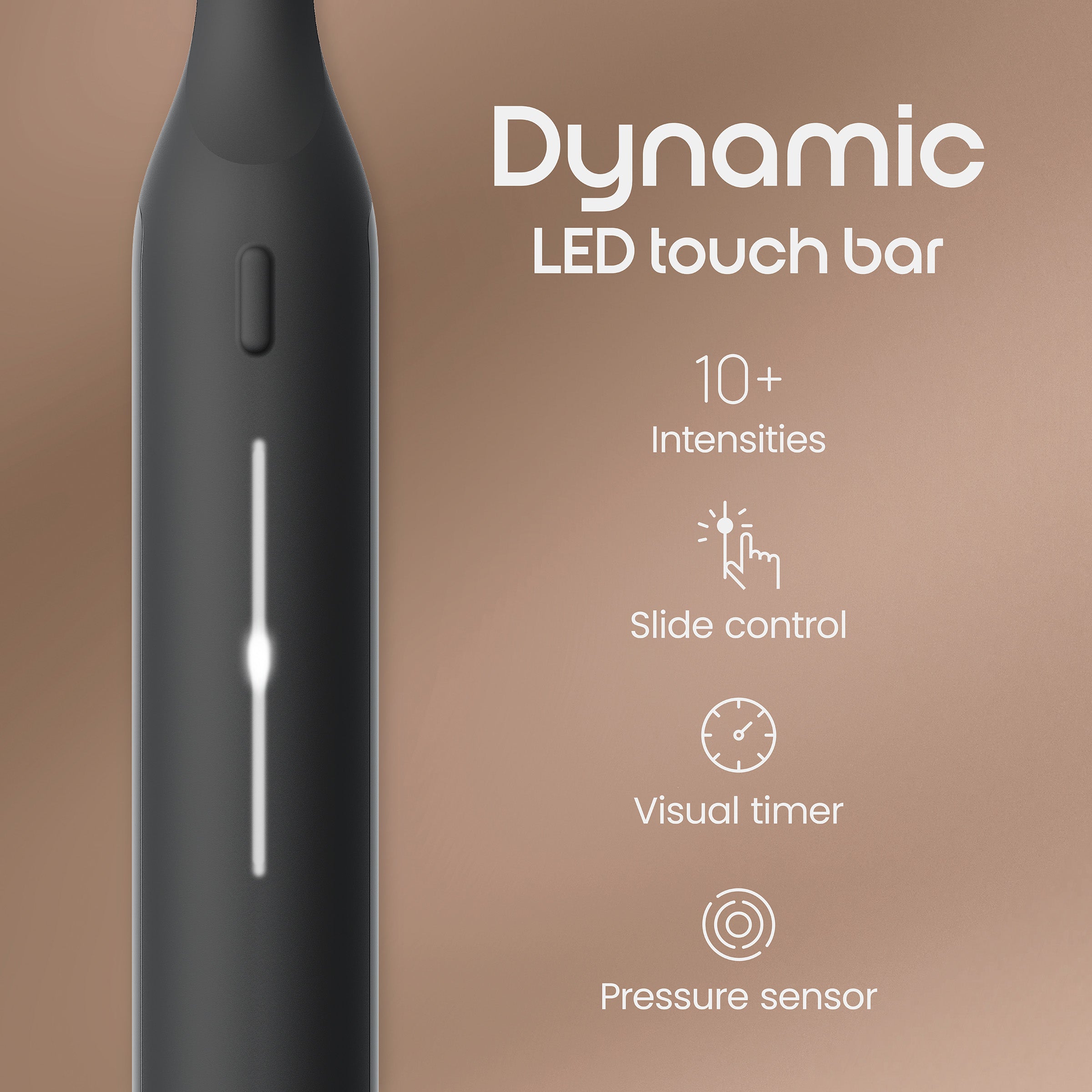 Black electronic device with dynamic LED touch bar on a brown background