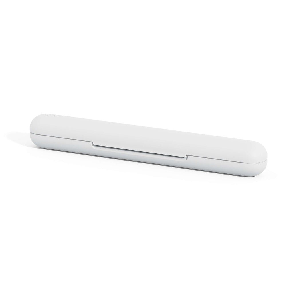 A sleek, translucent white travel case designed for the quip Ultra Smart Sonic Toothbrush, featuring a snap closure and flat bottom.