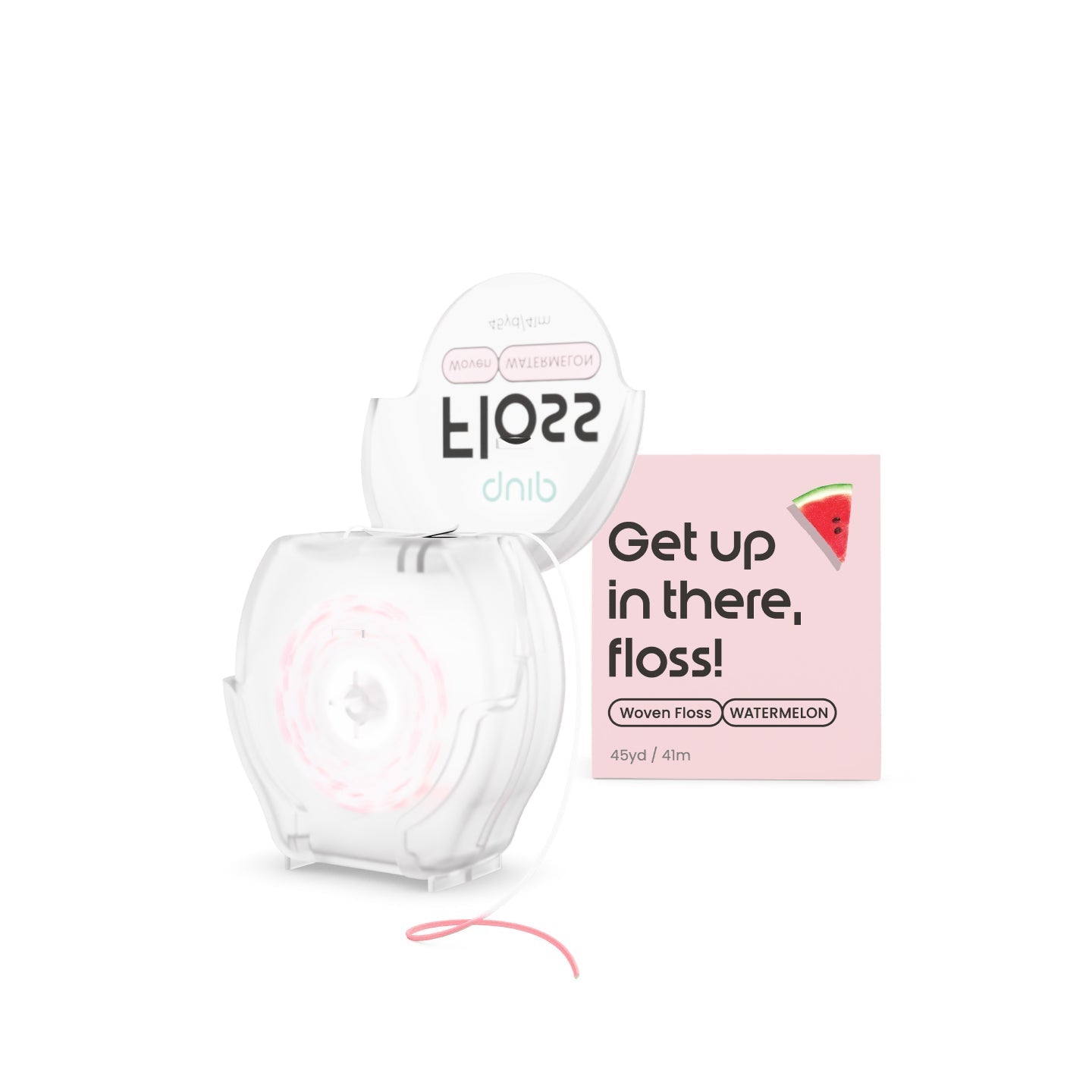dnib E|OSS202 woven floss in Watermelon flavor, showing the clear plastic dispenser with pink floss inside, its white cap, and the pink product box with a watermelon graphic.
