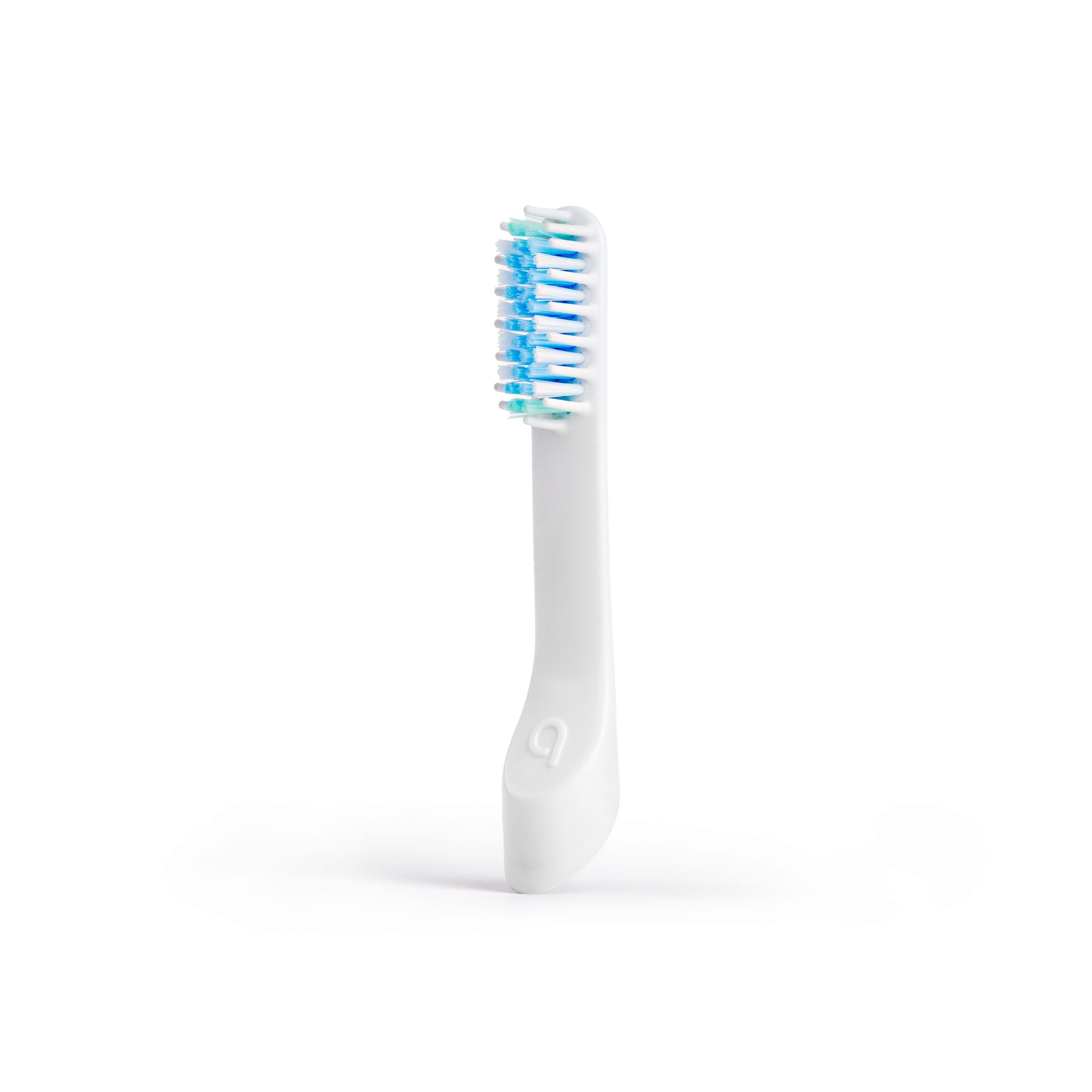 White electric toothbrush with blue bristles on a white background