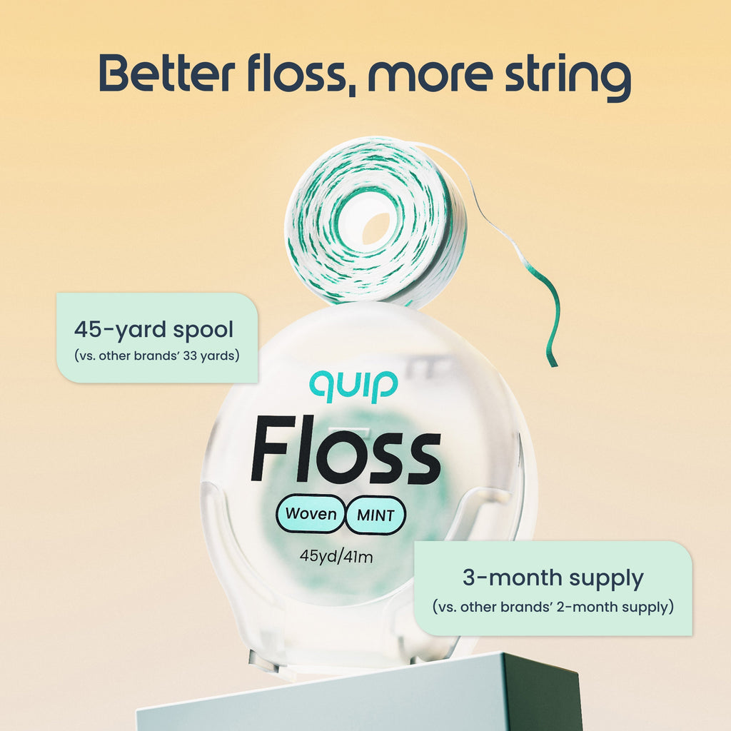 A clear spool of Quip Floss wavy mint floss with a green-and-white patterned string, shown on a pale beige background with marketing text and callout boxes.