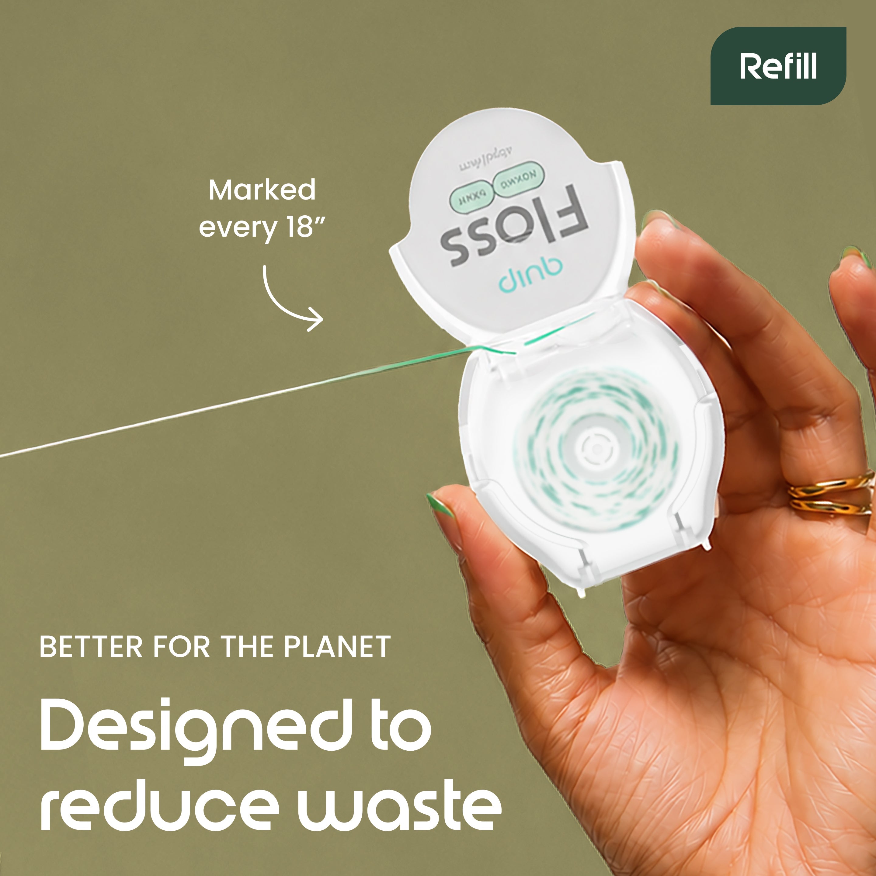 A hand holding an open Floss Climb oral floss refill container with floss visible inside, set against a muted olive background with promotional text and a 'Refill' badge.