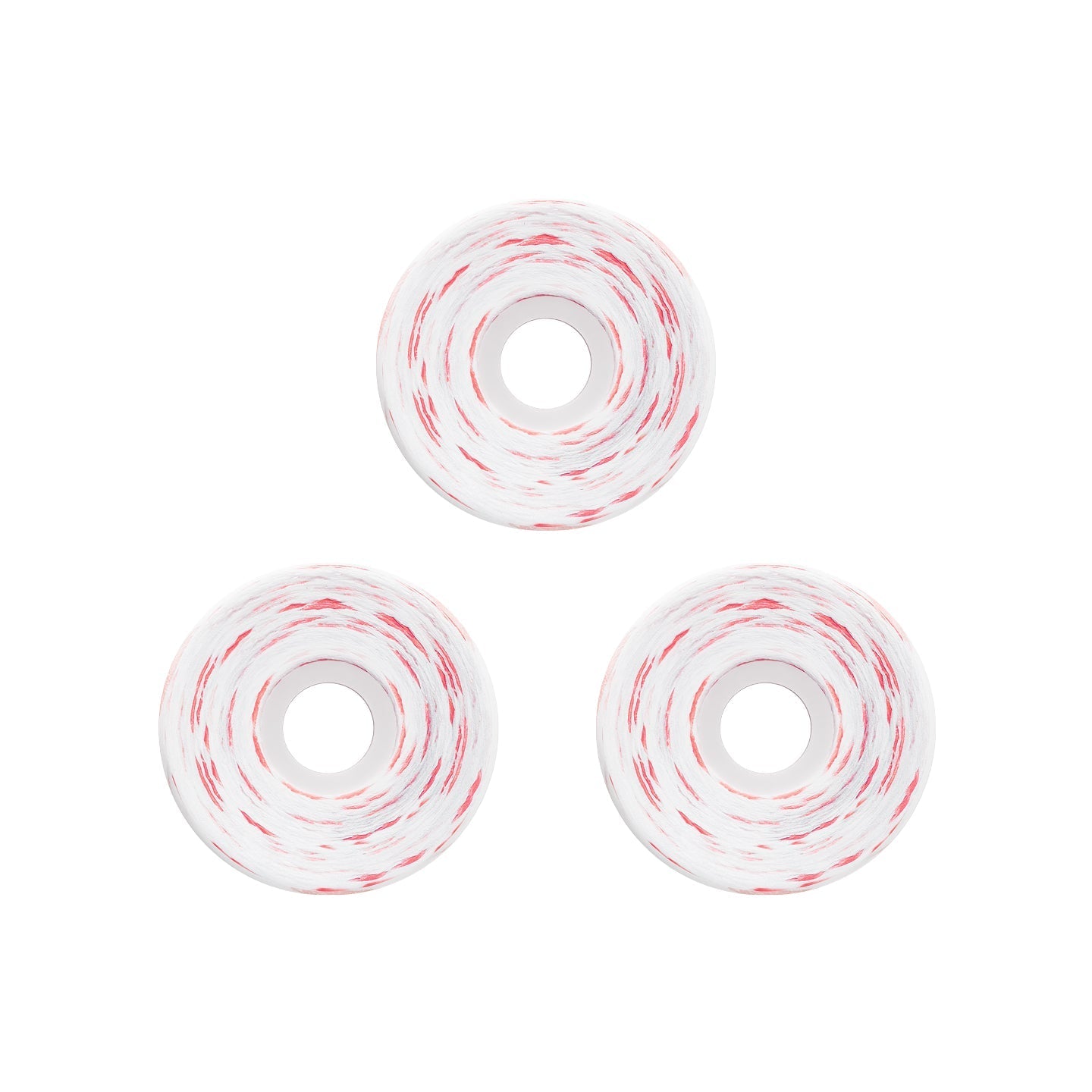 Three white skateboard wheels with red and black swirled urethane, arranged in a triangle on a white background.