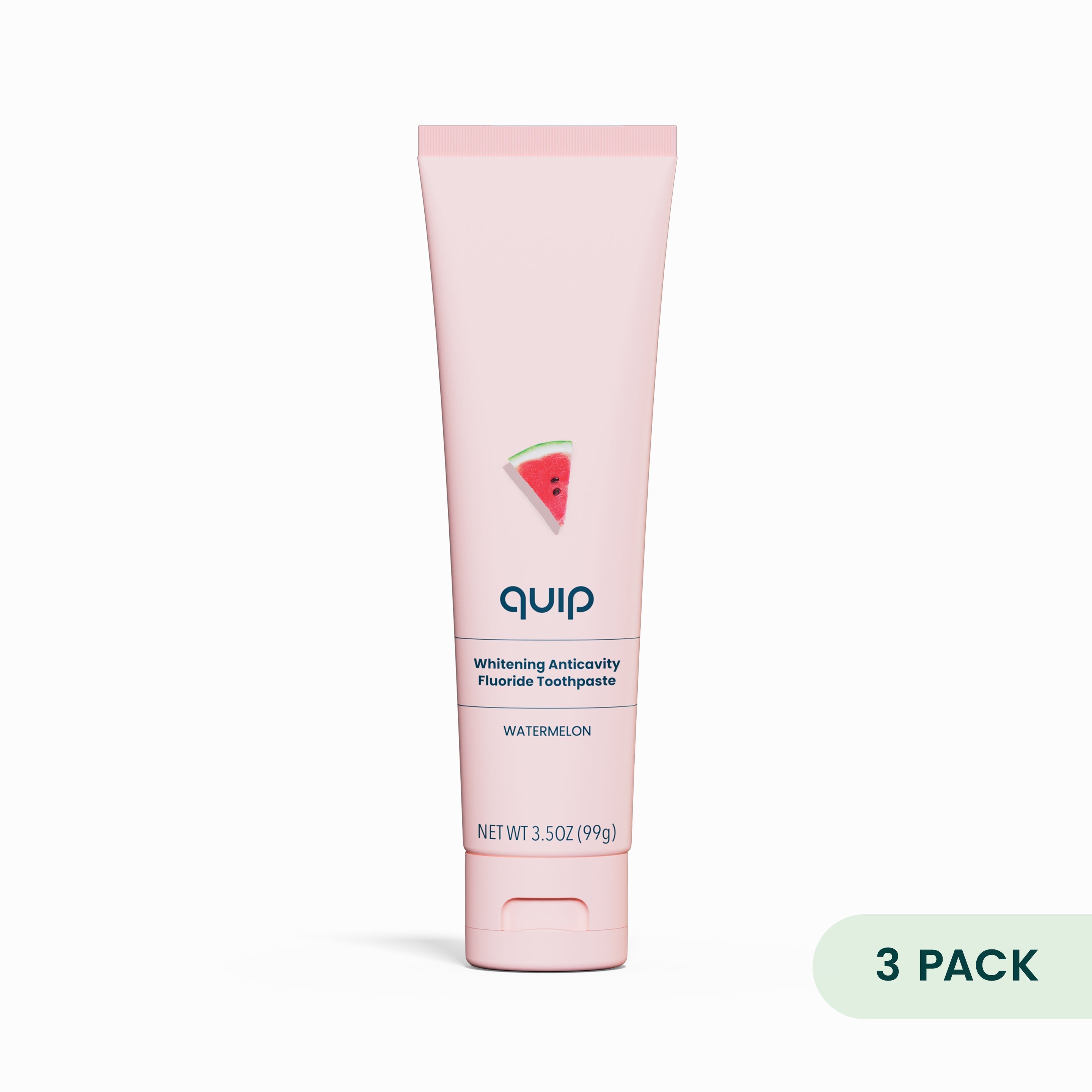Pink toothpaste tube with watermelon flavor label on a white background