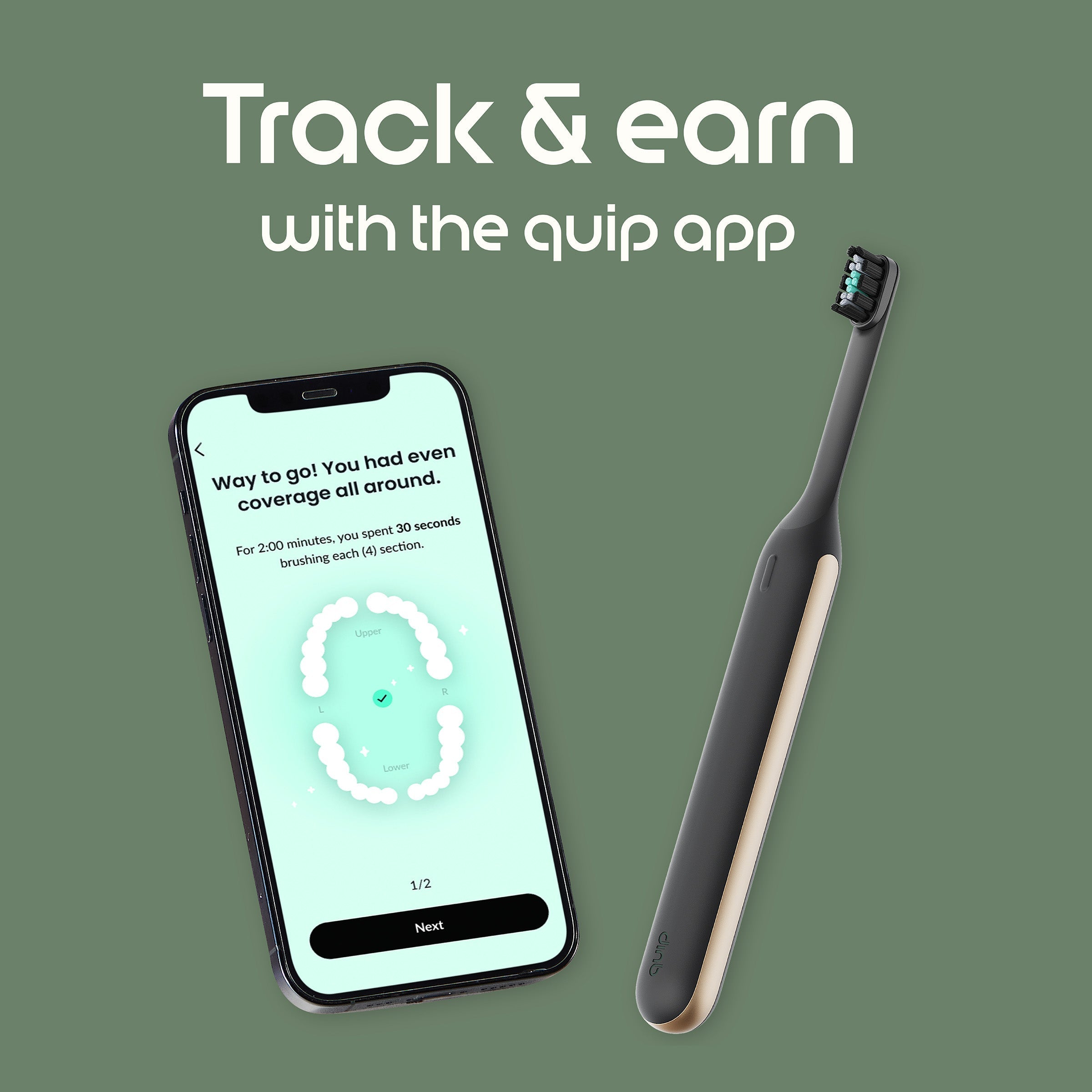 Smart toothbrush and phone app on a green background with 'Track & earn with the quip app' text.