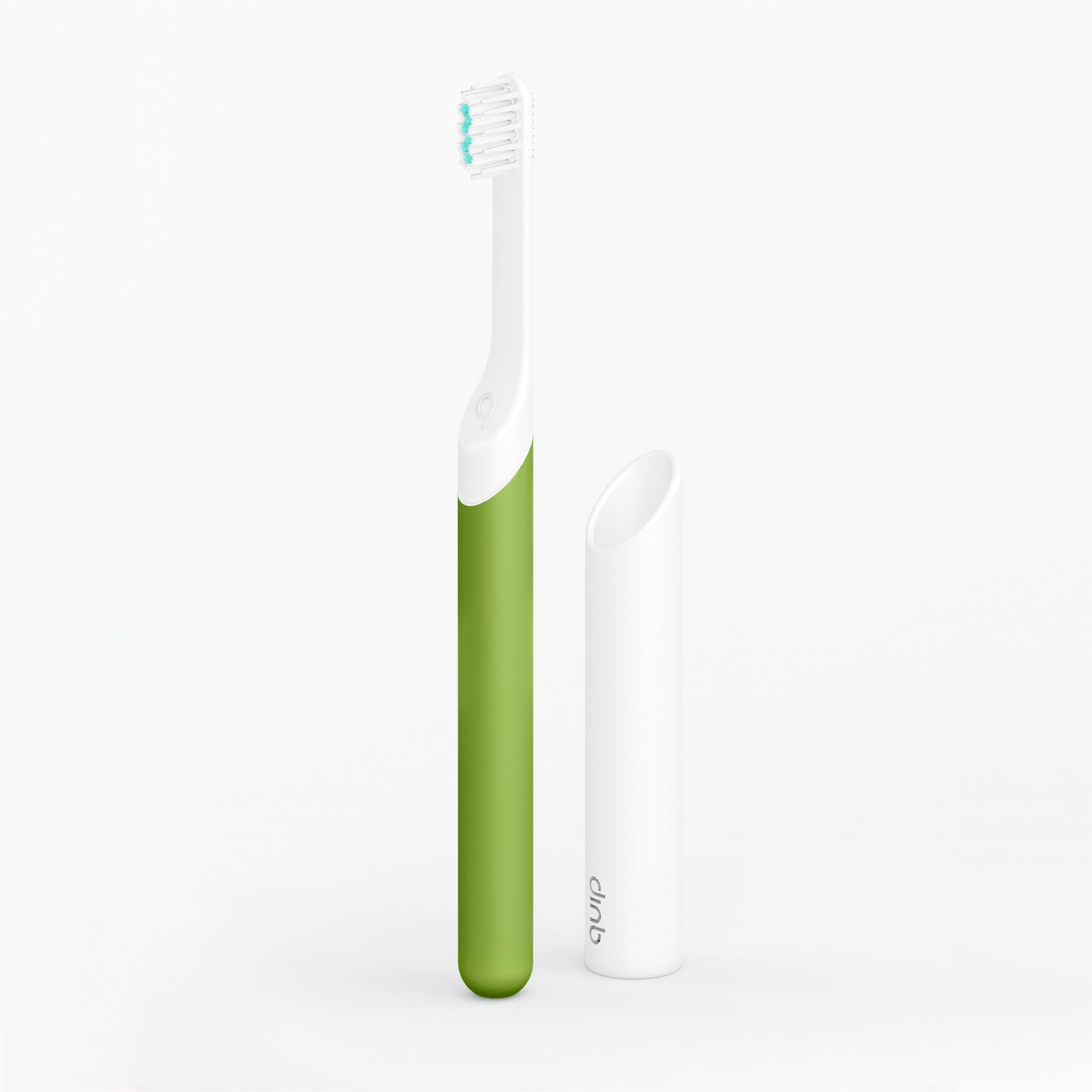 A kids sonic toothbrush with a green handle and white body, alongside a travel cover or mount.