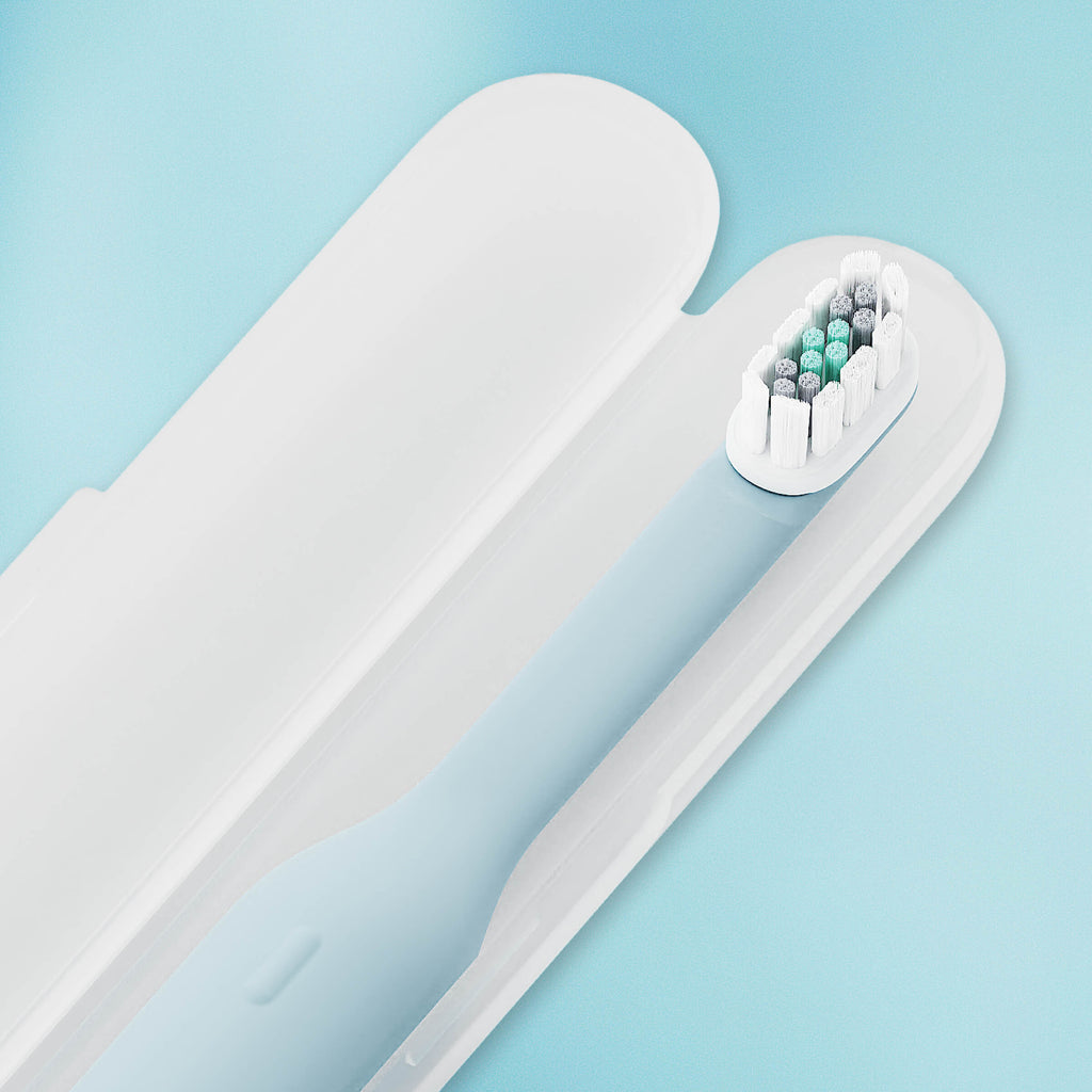Electric toothbrush with bristle display on a light blue background