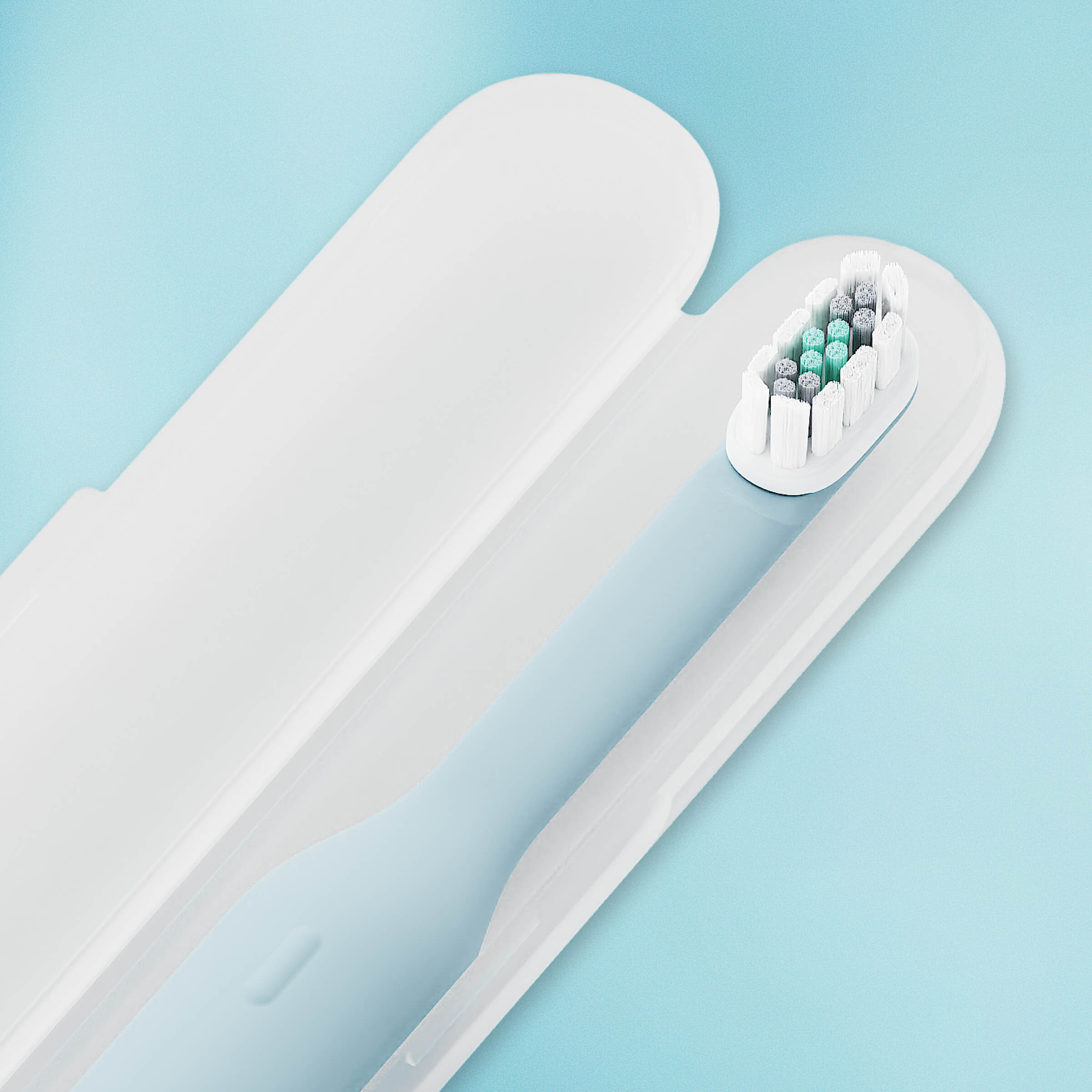 Electric toothbrush with bristle display on a light blue background