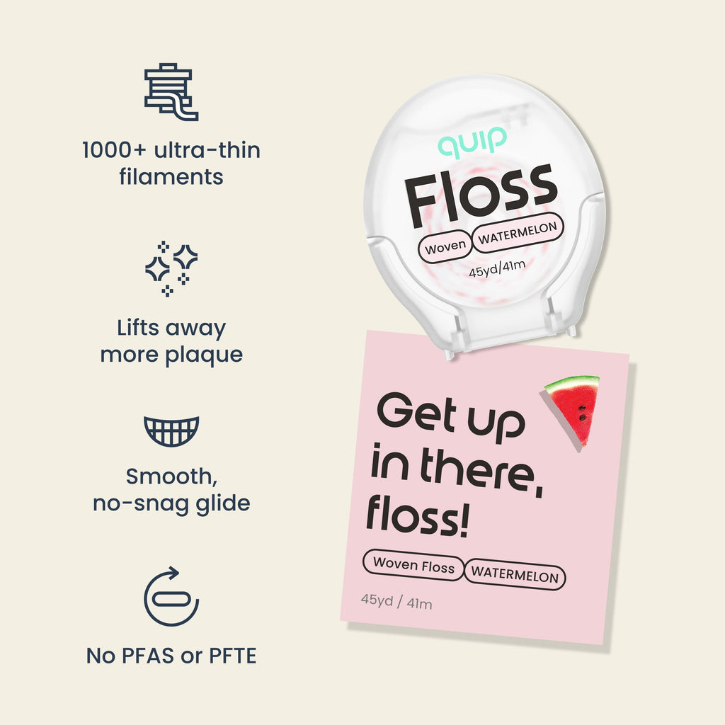 Quip Floss Woven Watermelon dental floss shown with its white plastic container and a pink promotional card on a light beige background. Text on the left highlights 1000+ ultra-thin filaments, plaque lifting, smooth no-snag glide, and no PFAS or PFTE materials.