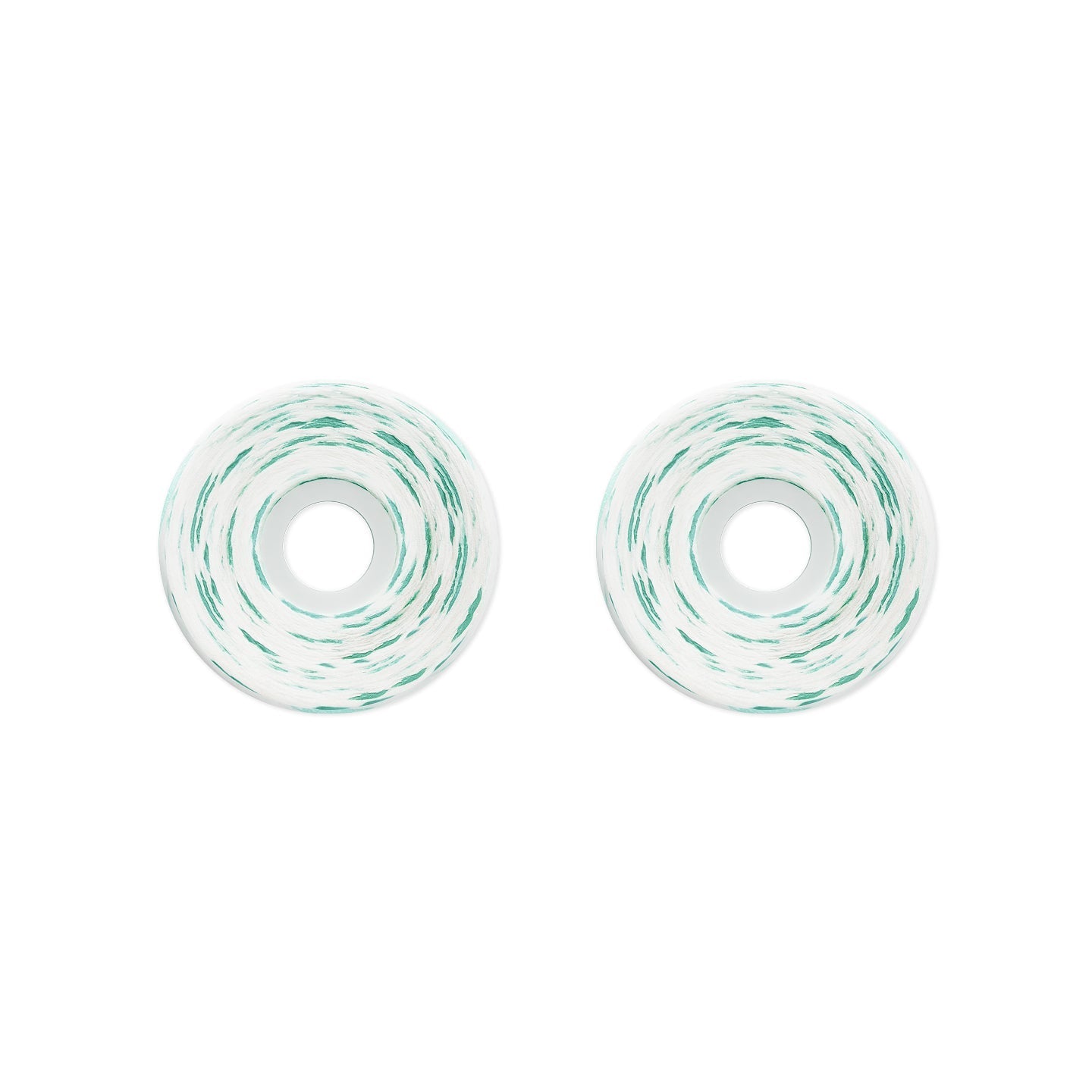 Two white skateboard wheels with a green and black swirled pattern, shown side-by-side on a plain white background.